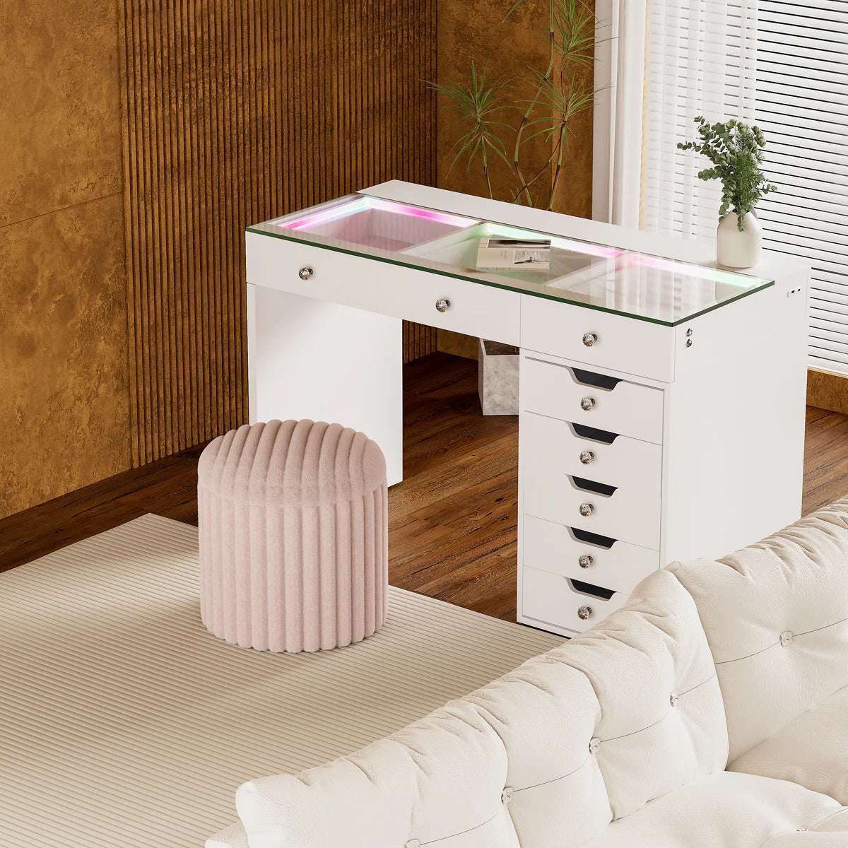 VanitiSeat Fluff – Rabbit Fur Vanity Stool with Storage Option