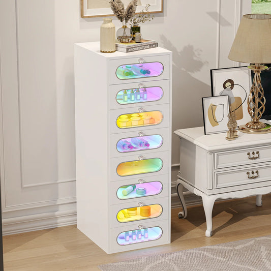 VanitiStack Circle | Vanity Chest of Drawers with Crystal Knobs, RGB Light & 8 Drawers