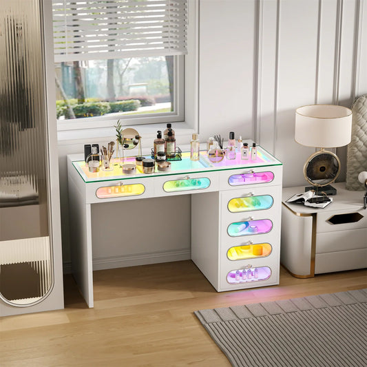 VanitiBar Halo Circle | 47 Inch Vanity with 7 Glass-Front Drawers, Crystal Handles & RGB Lights