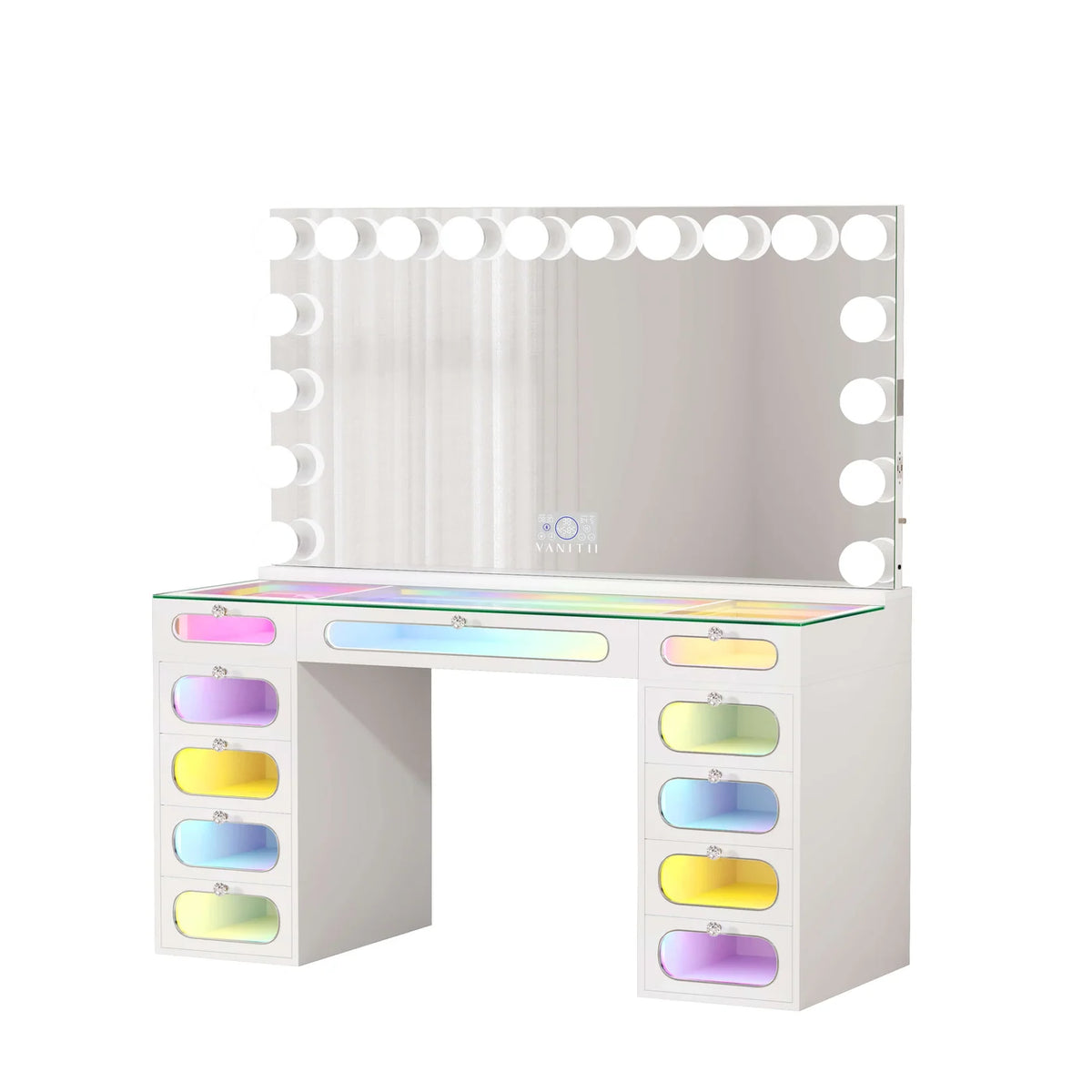 VanitiSet Aura Circle Spectrum | 11 Drawer Desk & 18 Bulb XXL Mirror Set
