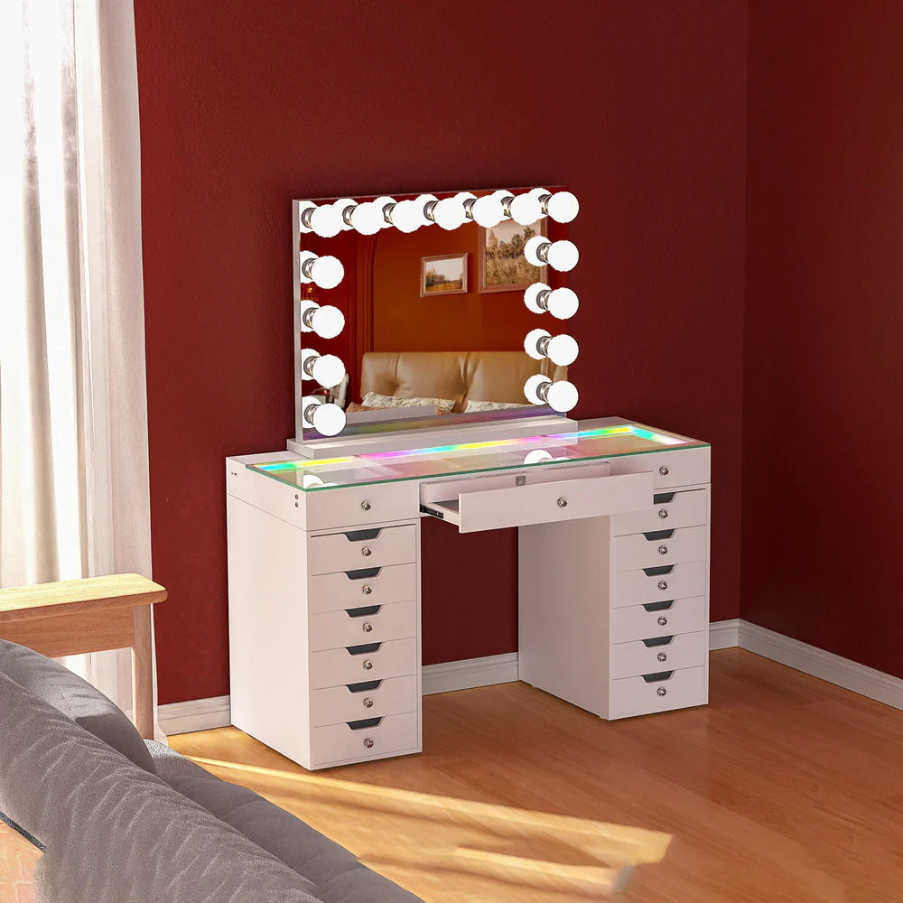 VanitiSet Majesti – LED Vanity Mirror Set, 16 Drawers, RGB Lights