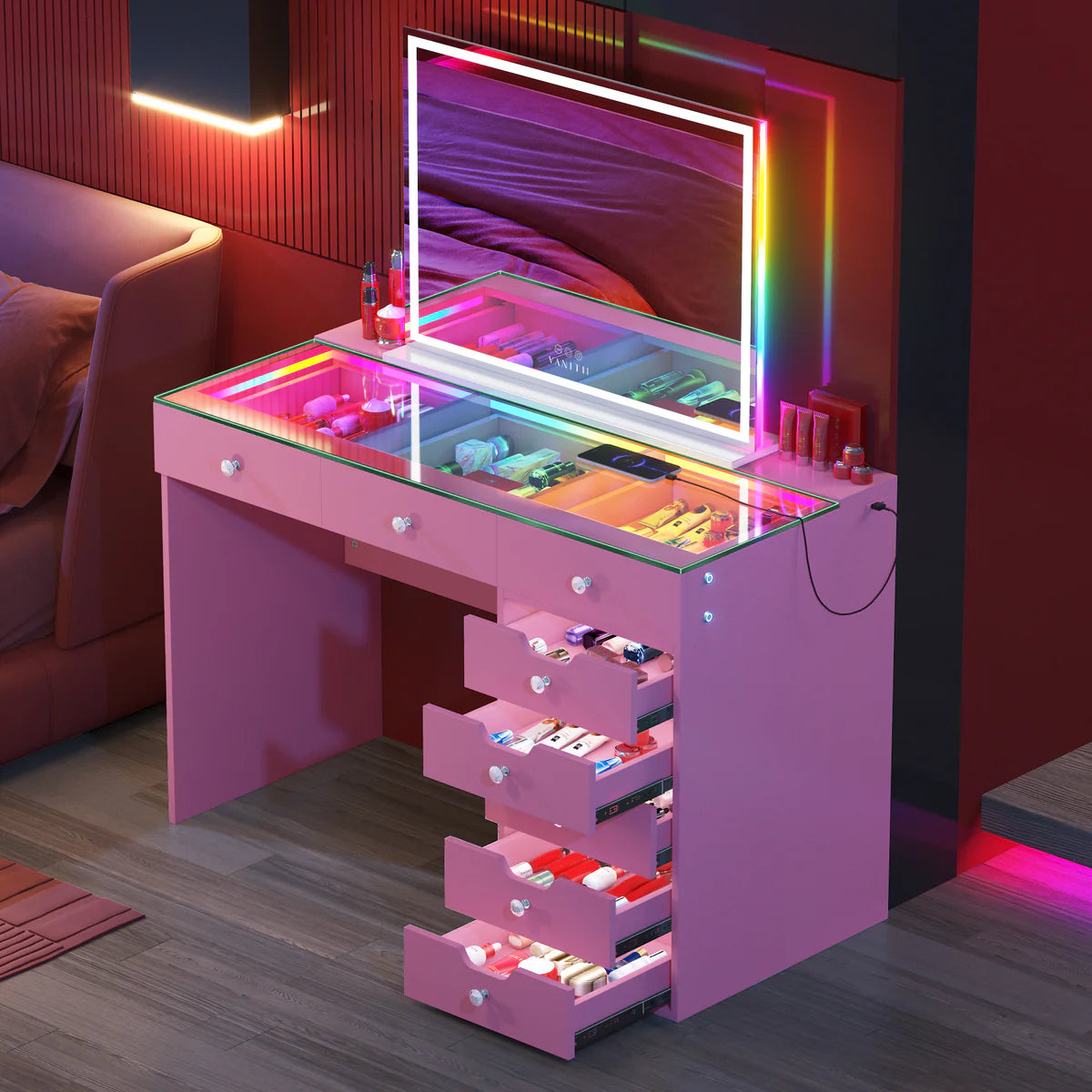 VanitiBar Veronica 3.0 – Glass Top Makeup Vanity Desk with Drawers