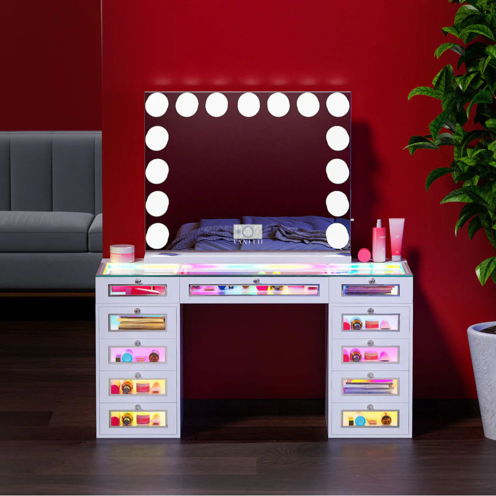 VanitiSet Vivid – RGB LED Vanity Desk with 11 Drawers, Glass Top