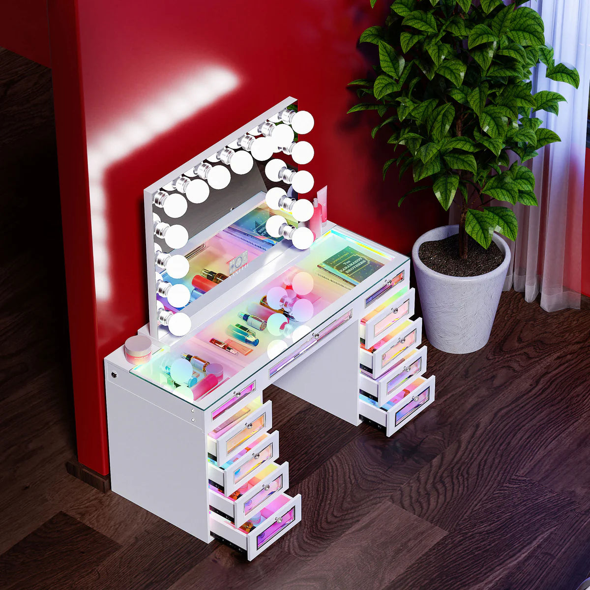 VanitiSet Vivid – RGB LED Vanity Desk with 11 Drawers, Glass Top