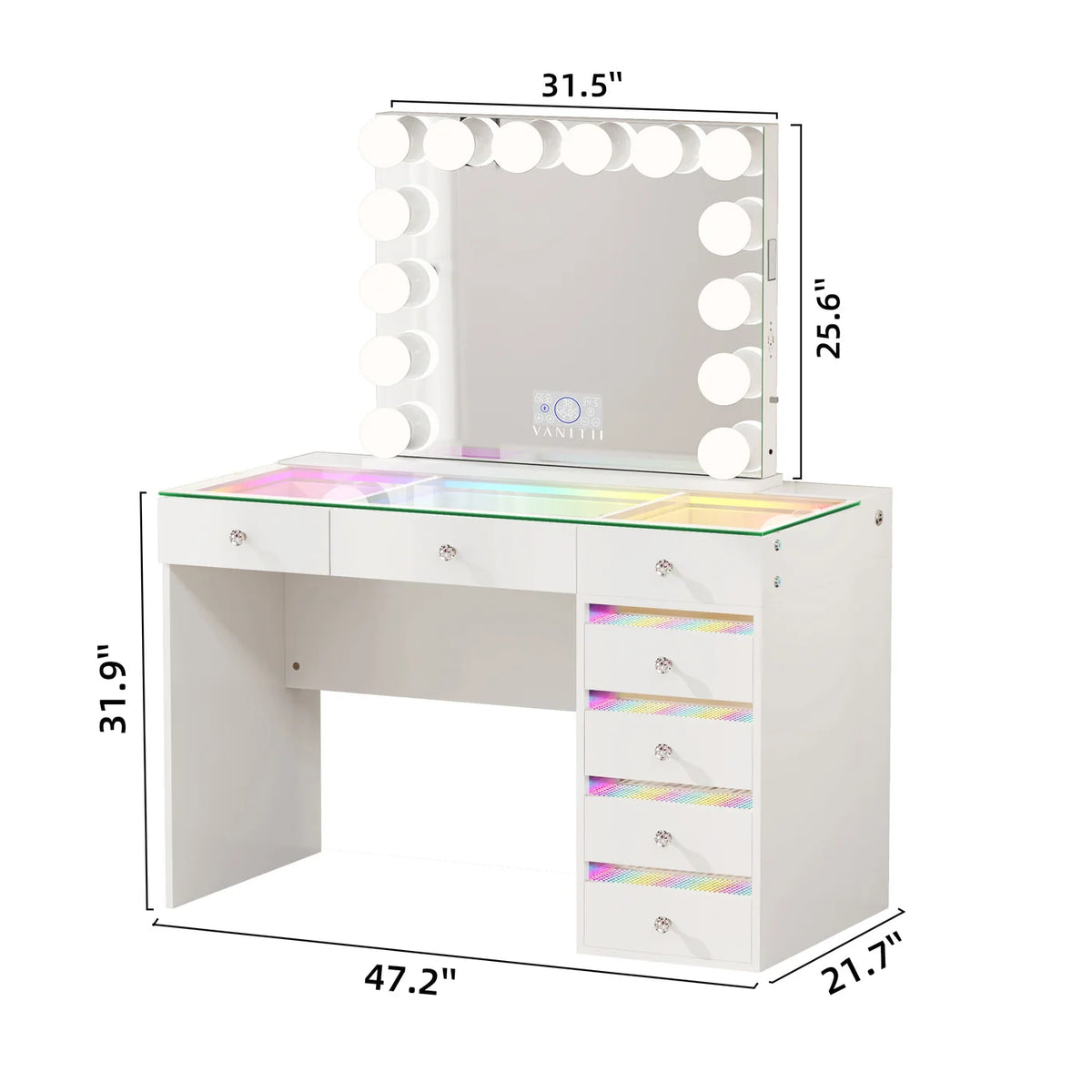 VanitiSet Solara 7 | 7 Drawer Desk & 14 Bulb Bluetooth Mirror Set