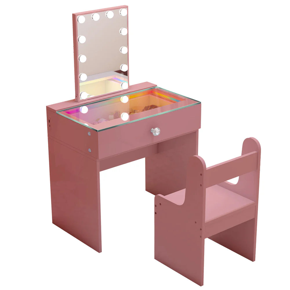 Compact Vanity Desk with RGB Light Strip, LED Mirror, Bluetooth, and Charging Ports - LP Replenish