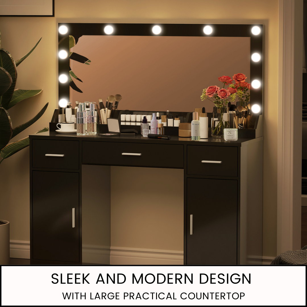 47.5" Vanity Desk with Mirror, LED Lights, and Storage - LP Replenish