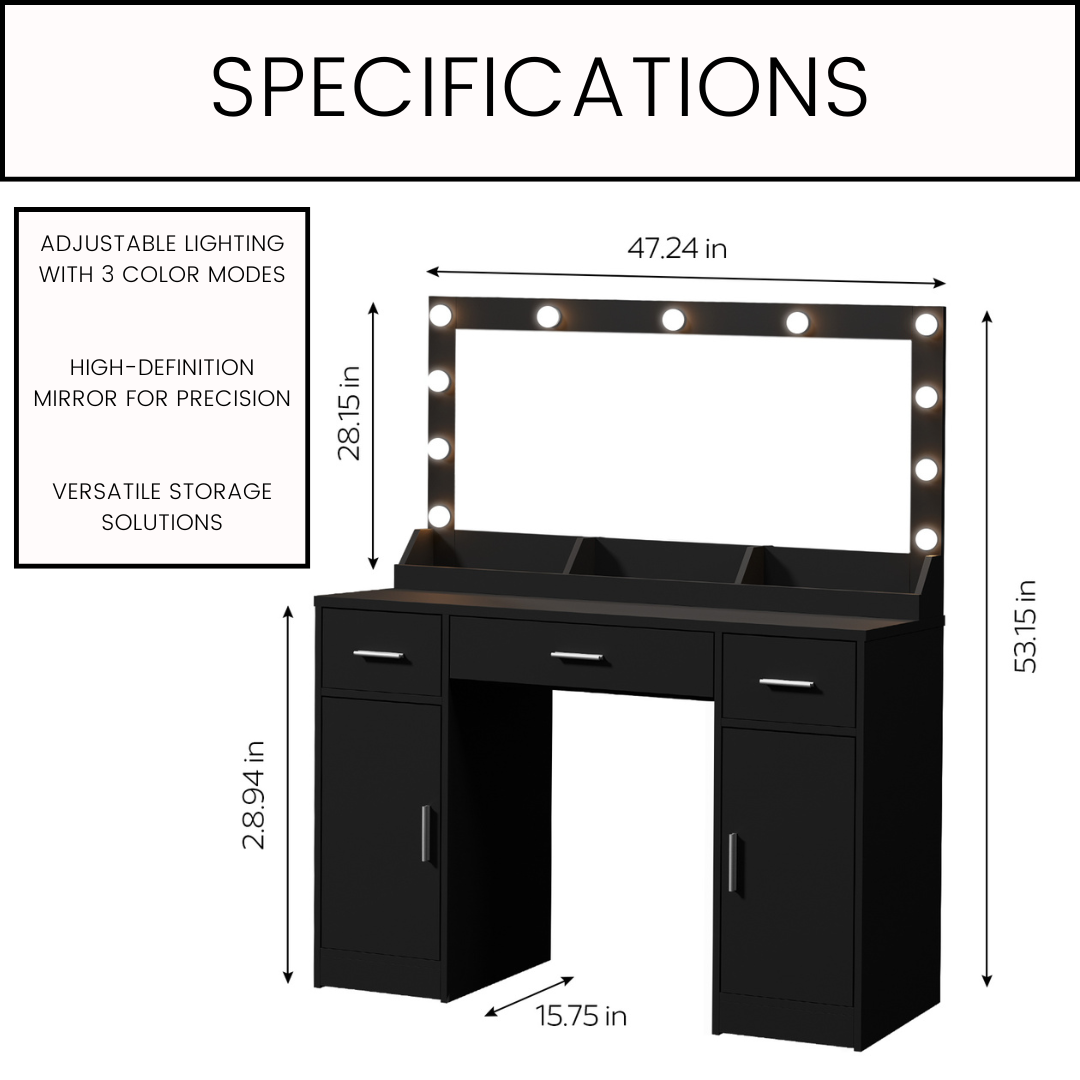 47.5" Vanity Desk with Mirror, LED Lights, and Storage - LP Replenish