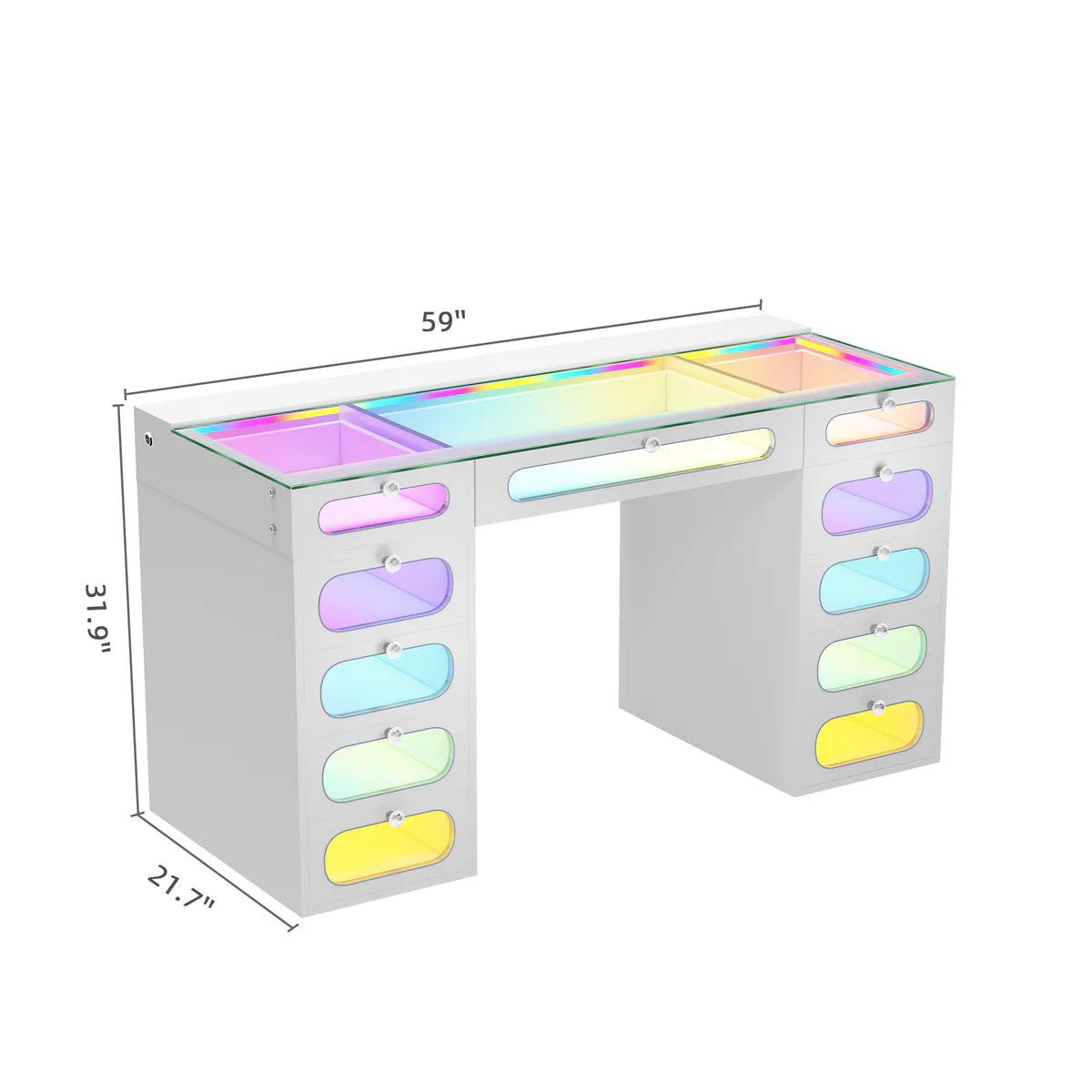VanitiSet Vivid – RGB LED Vanity Desk with 11 Drawers, Glass Top