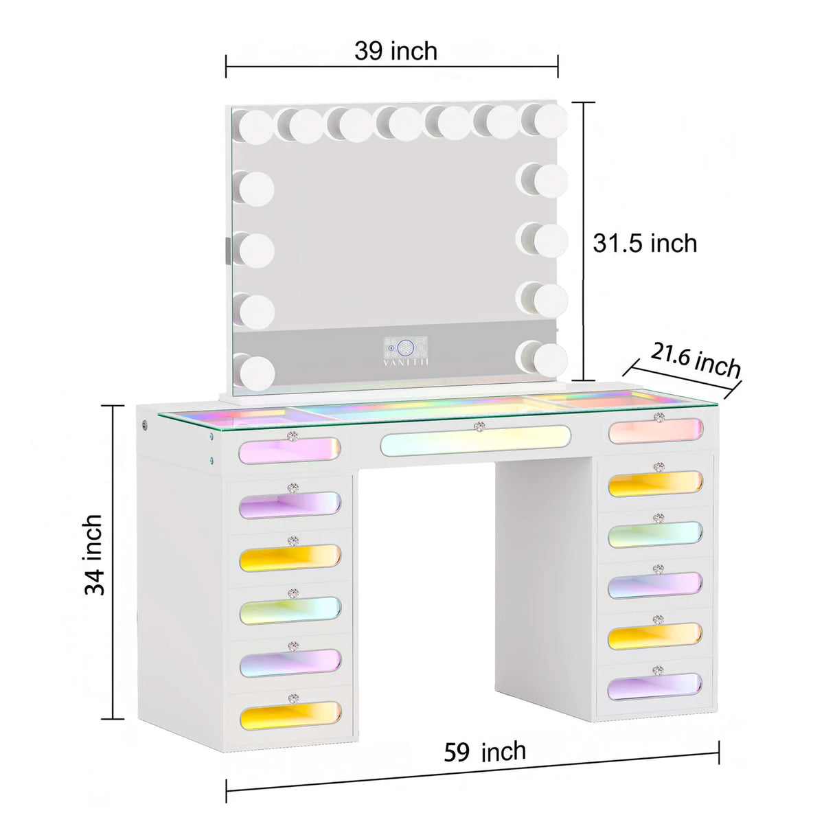 VanitiSet Astra | Vanity with Rainbow Lights, 13 Drawer Desk & 15 Bulb Bluetooth Mirror