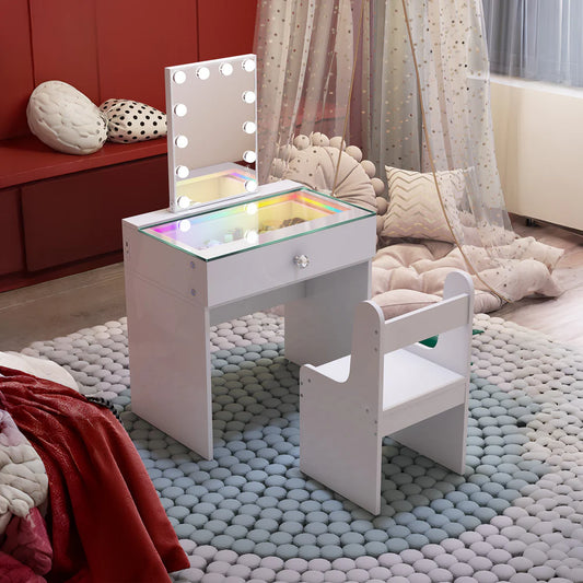 Compact Vanity Desk with RGB Light Strip, LED Mirror, Bluetooth, and Charging Ports - LP Replenish
