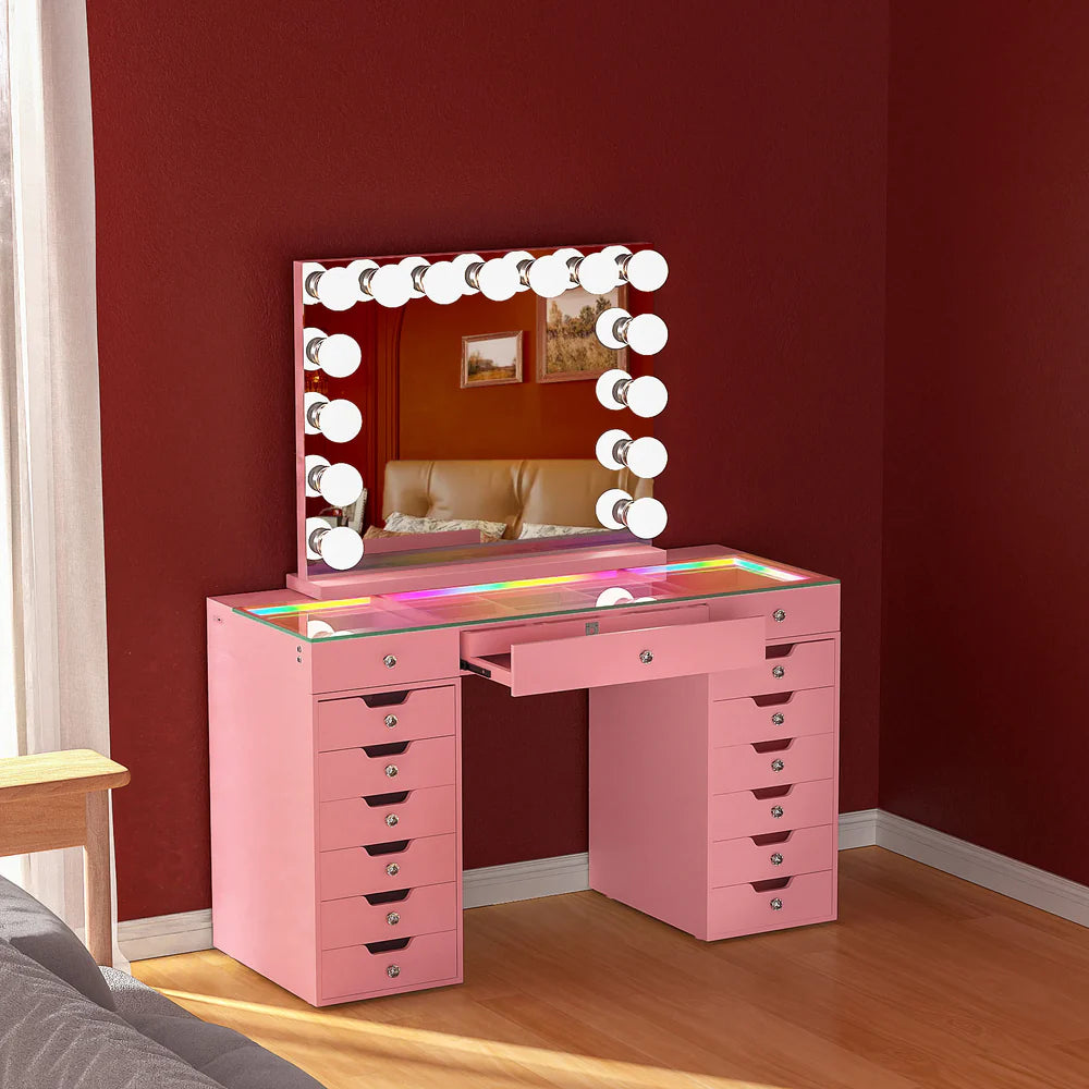 VanitiSet Majesti – LED Vanity Mirror Set, 16 Drawers, RGB Lights