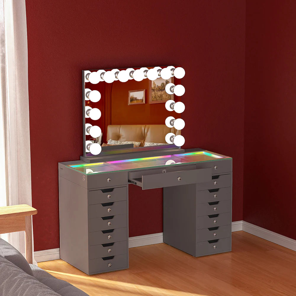 VanitiSet Majesti – LED Vanity Mirror Set, 16 Drawers, RGB Lights