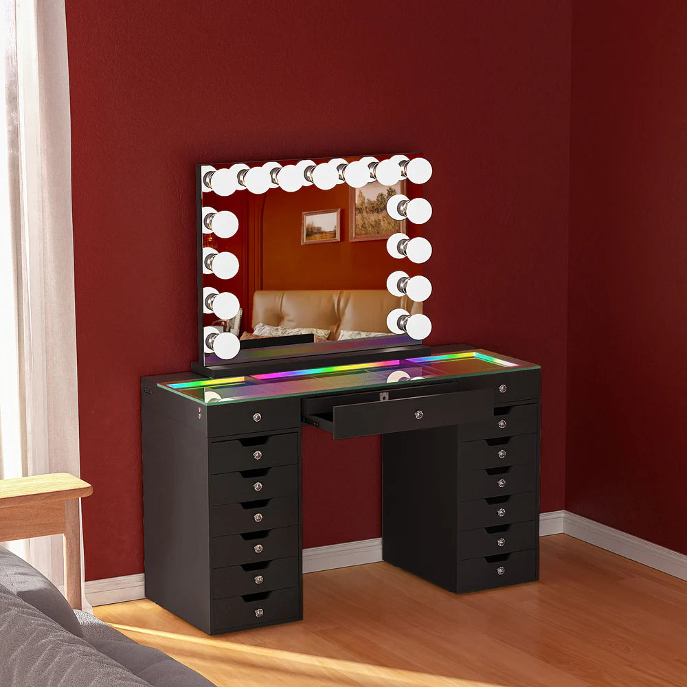 VanitiSet Majesti – LED Vanity Mirror Set, 16 Drawers, RGB Lights