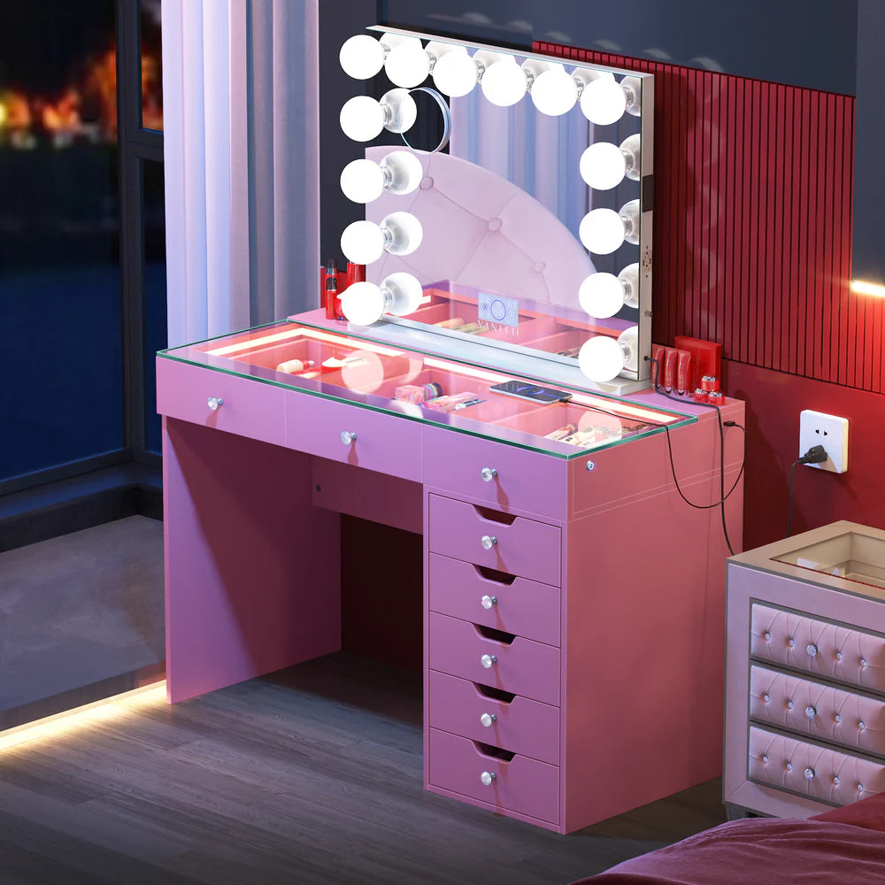 VanitiBar Veronica 3.0 – Glass Top Makeup Vanity Desk with Drawers