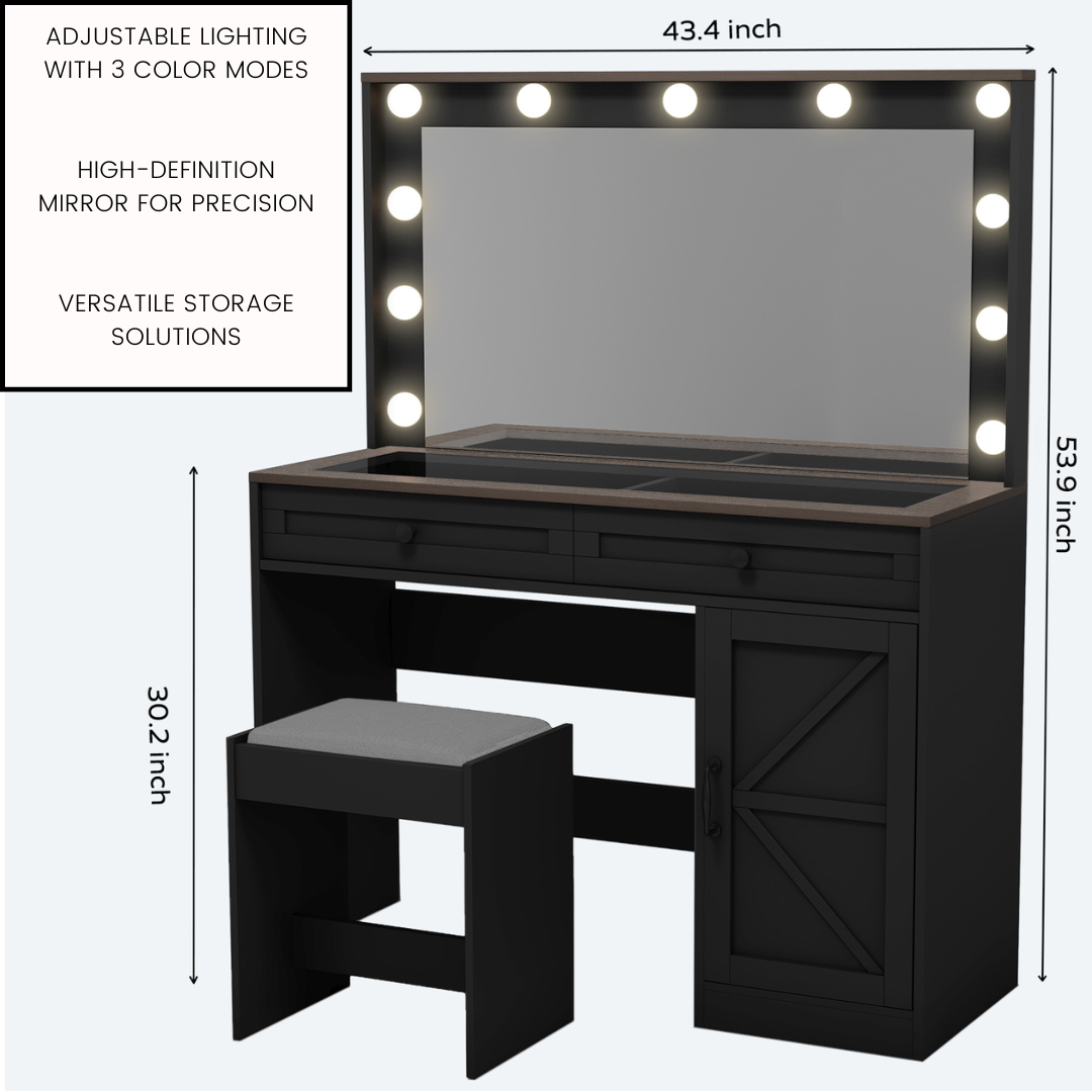Black Makeup Vanity Table with LED Mirror, Storage, and Stool - LP Replenish