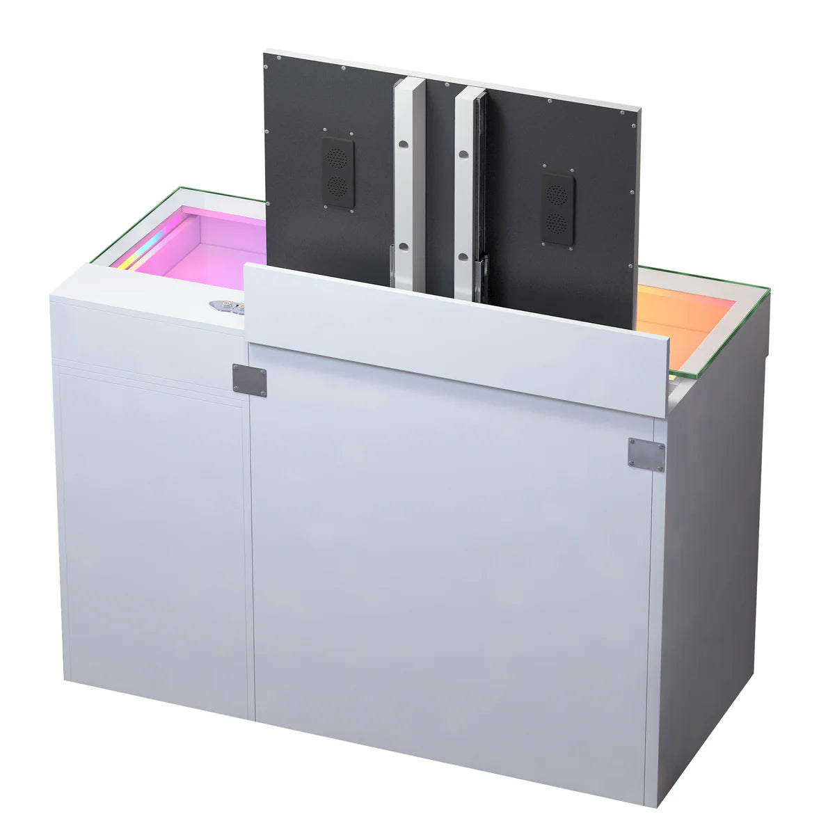 VanitiSet Reveal | Lift-Top LED Mirror, RGB Glass Top Vanity Desk, Hidden Stool, White