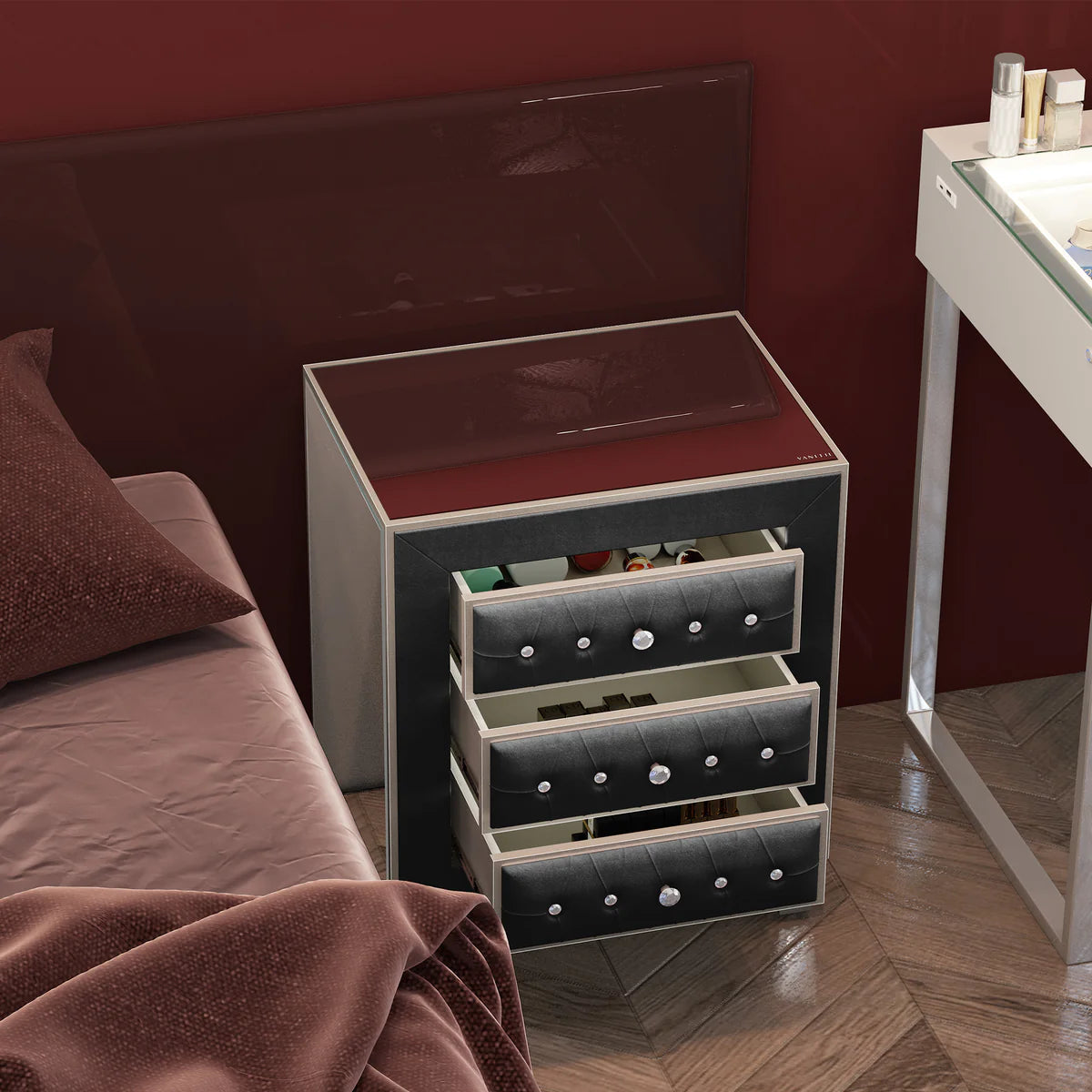 Velvet Bedside Table with 3 Drawers and Crystal Handles - LP Replenish