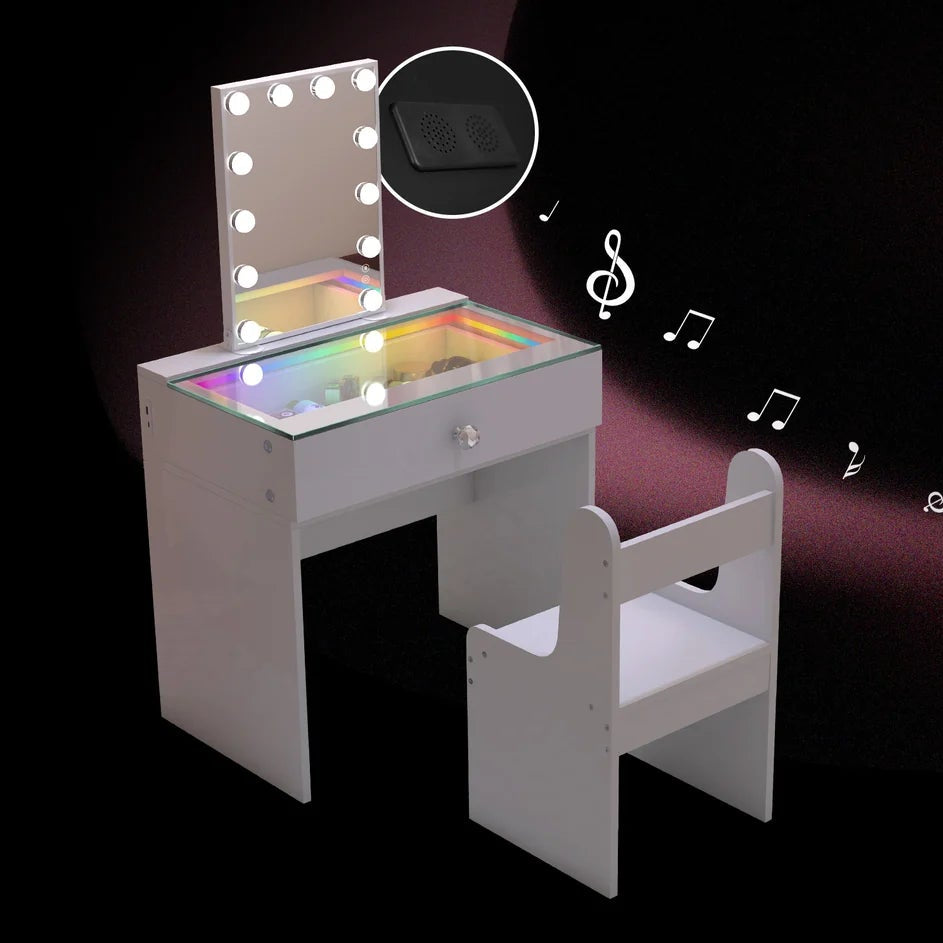 Compact Vanity Desk with RGB Light Strip, LED Mirror, Bluetooth, and Charging Ports - LP Replenish