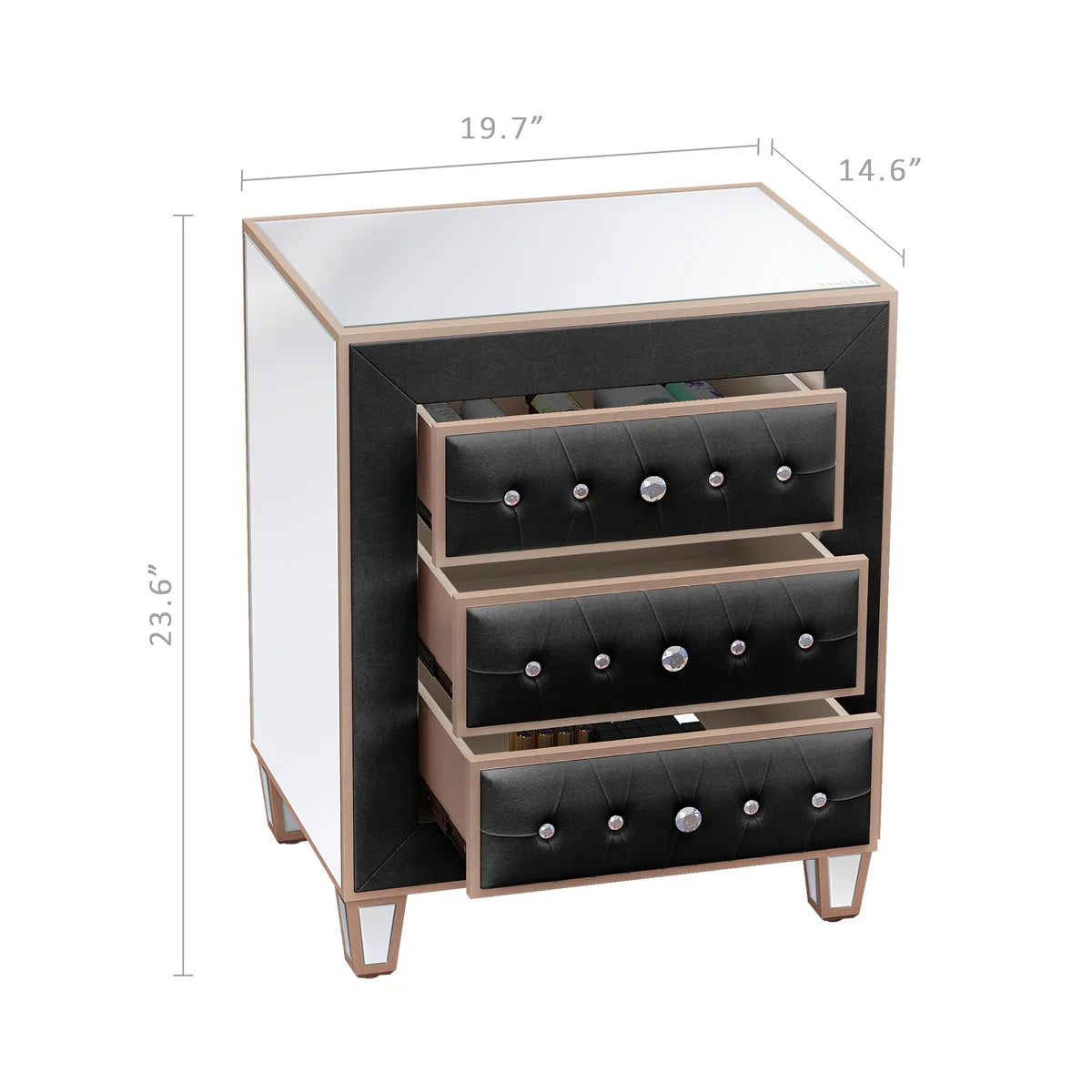 Velvet Bedside Table with 3 Drawers and Crystal Handles - LP Replenish