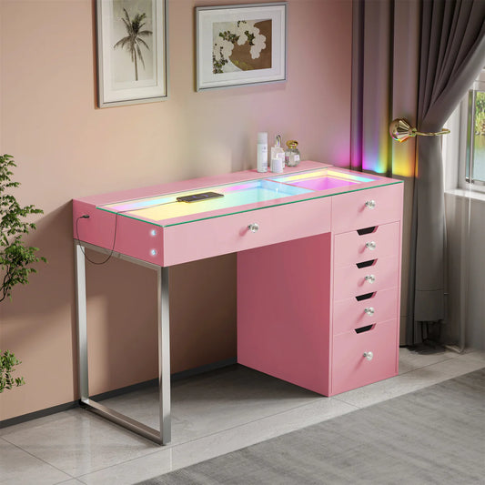 VanitiBar Halo | Glass Top Vanity Desk, Diamond Knobs & Storage