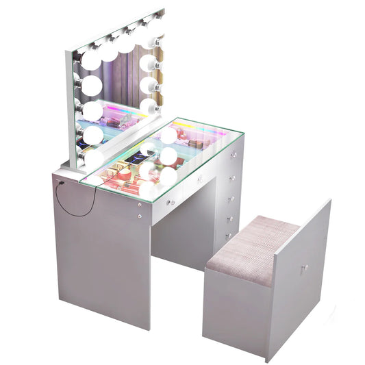 VanitiSet Snug – Space-Saving Vanity Set with Hidden Chair & LED Mirror