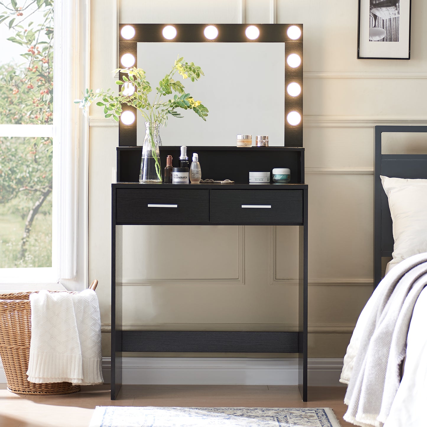 Mirrored Vanity Table with 12 LED Lights and Charging Station - LP Replenish
