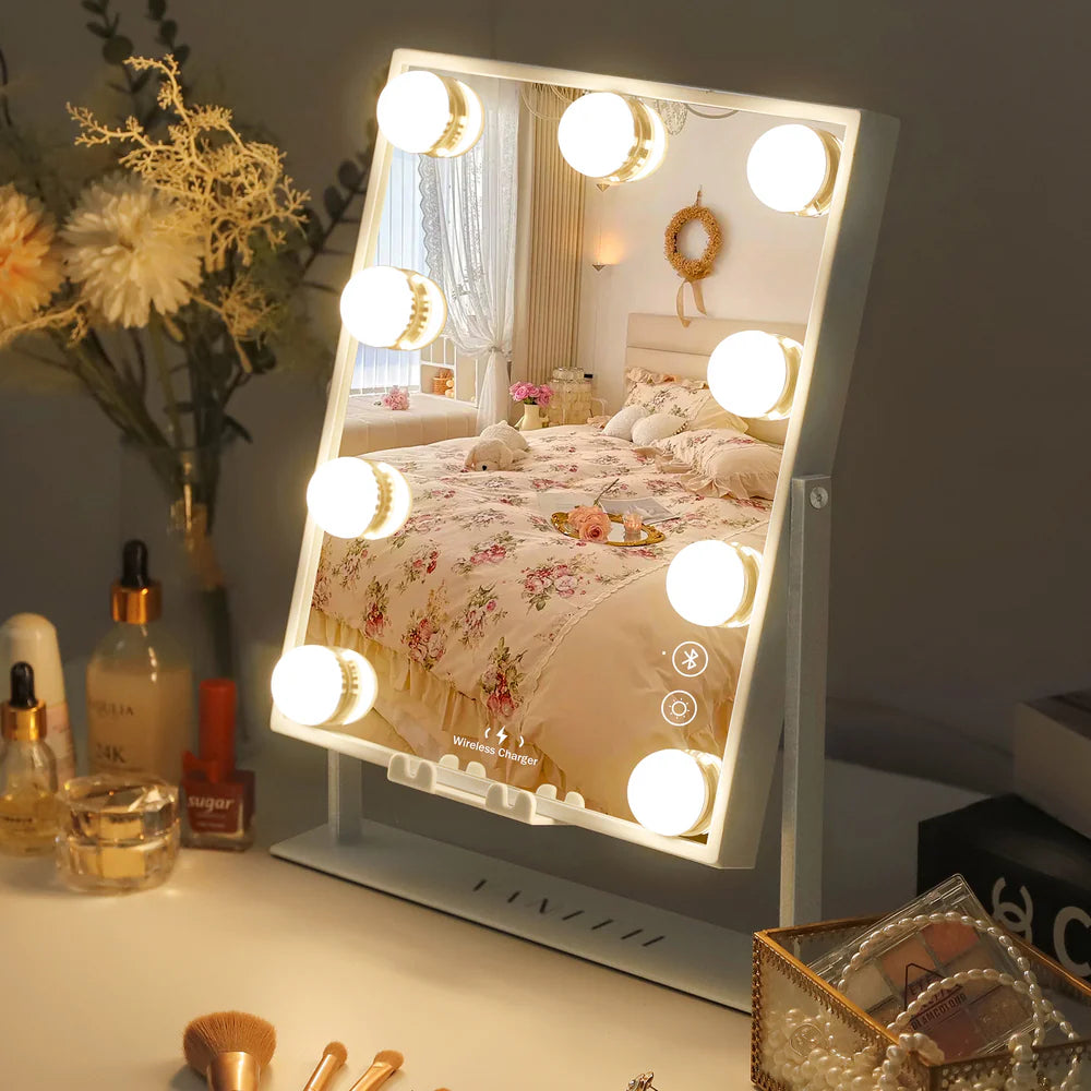Tabletop Vanity Mirror with Bluetooth, Wireless Charging, and Dimmable LED Bulbs - LP Replenish
