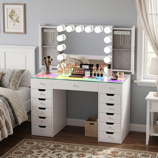 VanitiSet Pro Atelier | Makeup Vanity with Jewelry Storage, 13 Drawer Desk & 14 Bulb Mirror