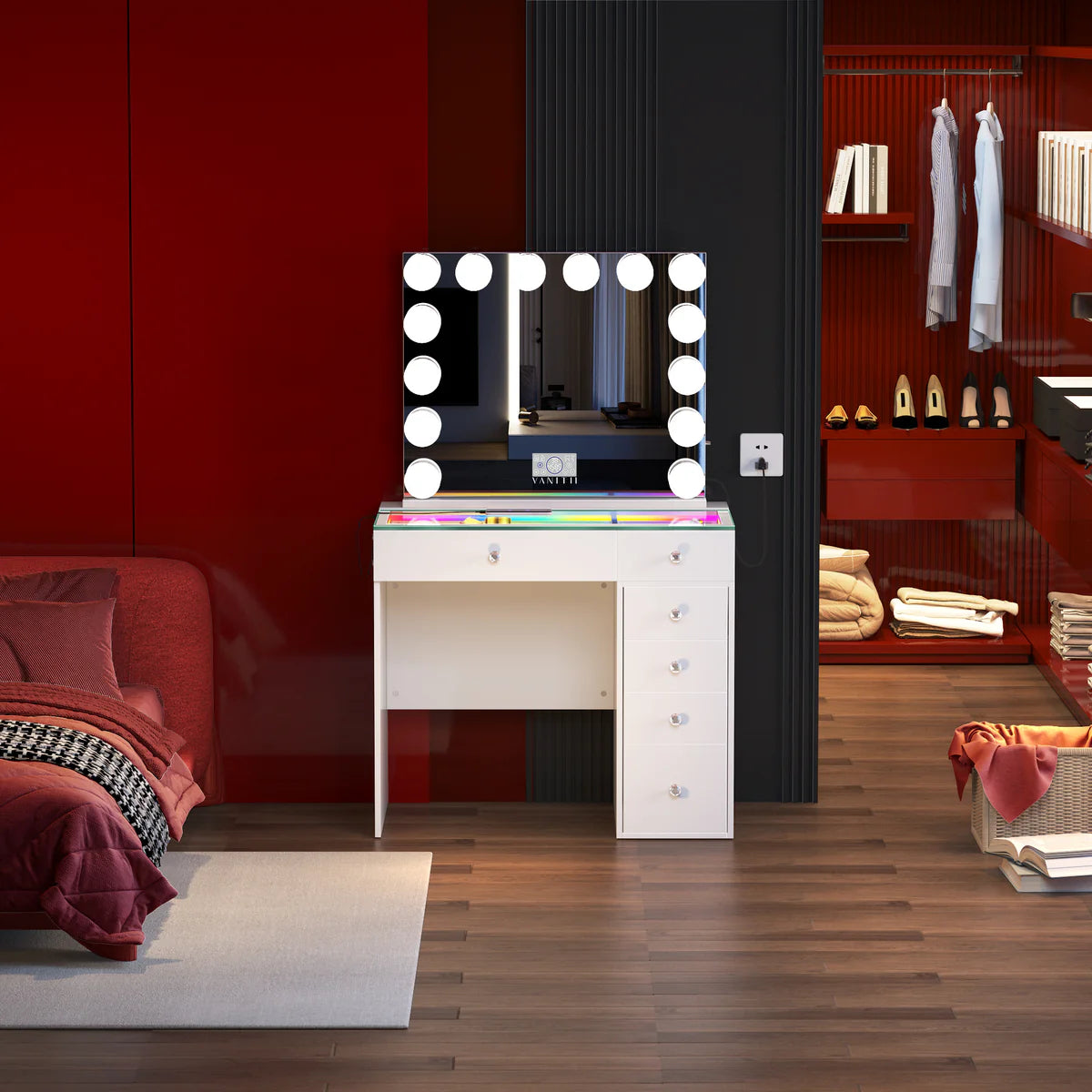 VanitiBar Veronica – Glass Top Makeup Vanity Desk with Drawers