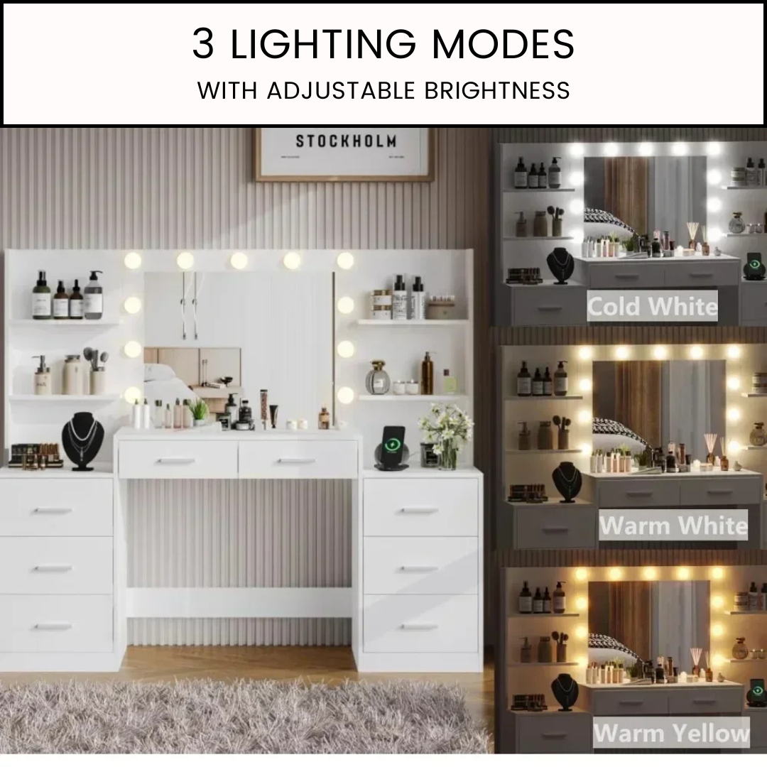 Vanity Desk with LED Mirror, Charging Station, and Storage Cabinet - LP Replenish