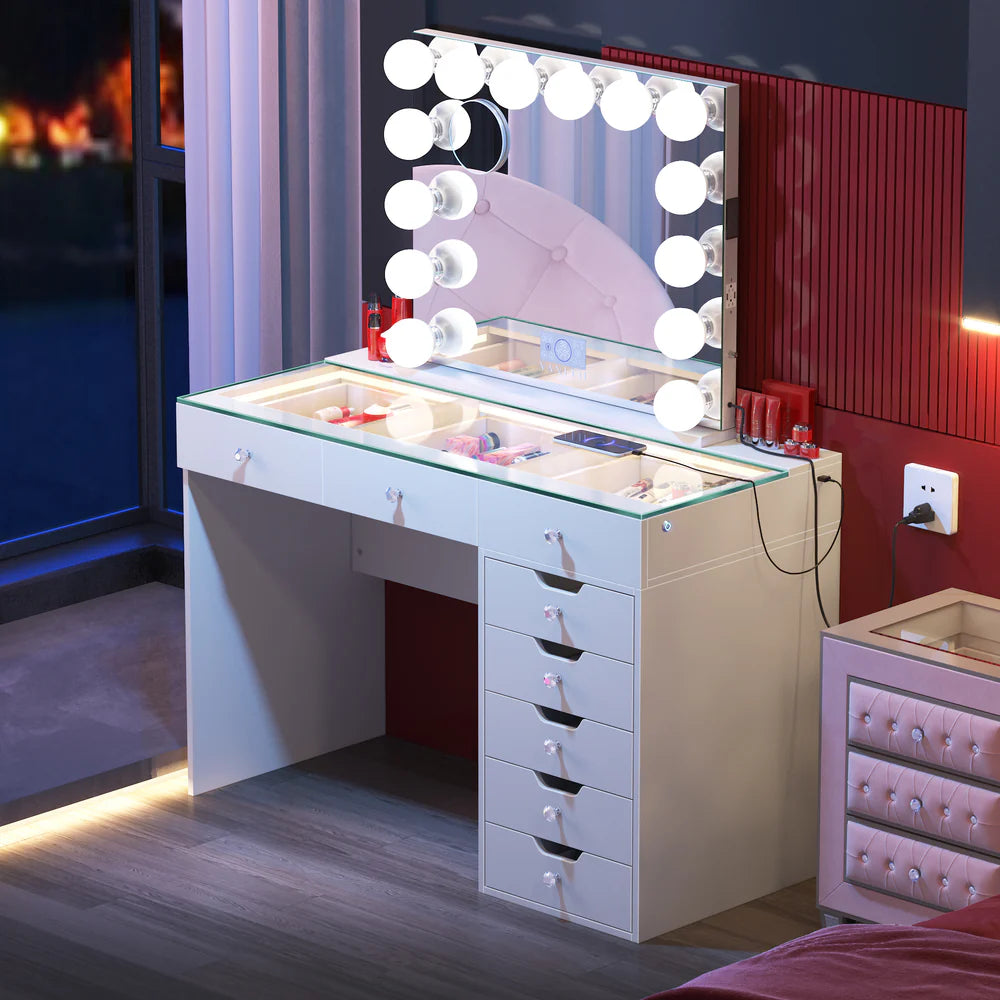 VanitiBar Veronica 3.0 – Glass Top Makeup Vanity Desk with Drawers
