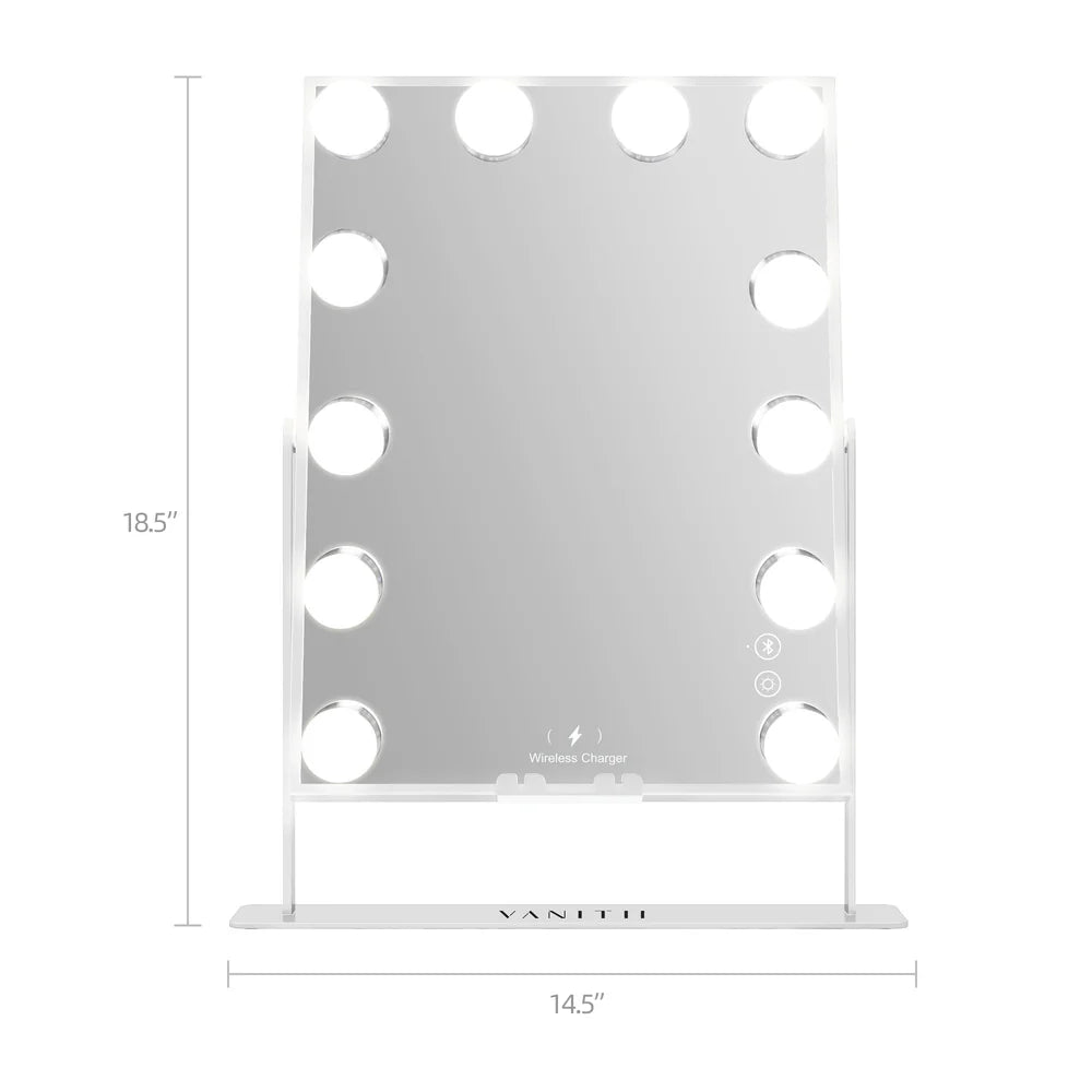 Tabletop Vanity Mirror with Bluetooth, Wireless Charging, and Dimmable LED Bulbs - LP Replenish