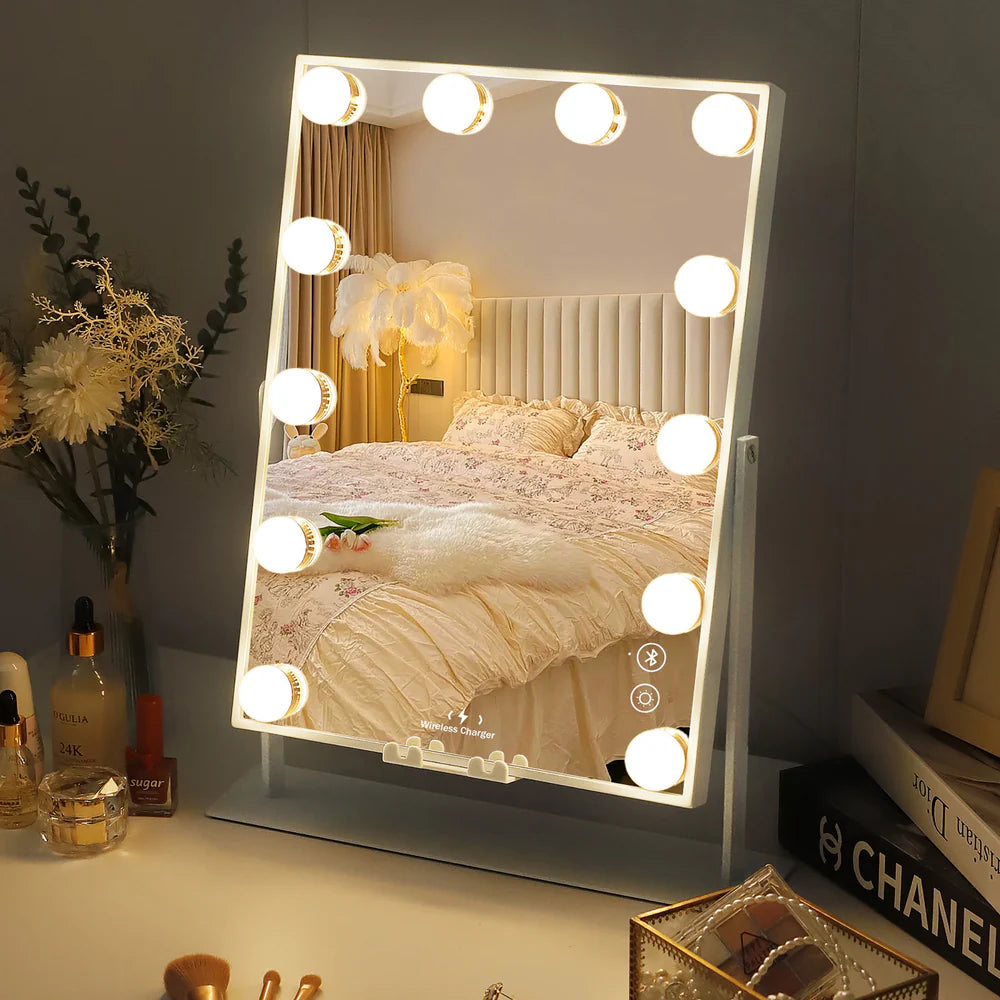 Tabletop Vanity Mirror with Bluetooth, Wireless Charging, and Dimmable LED Bulbs - LP Replenish