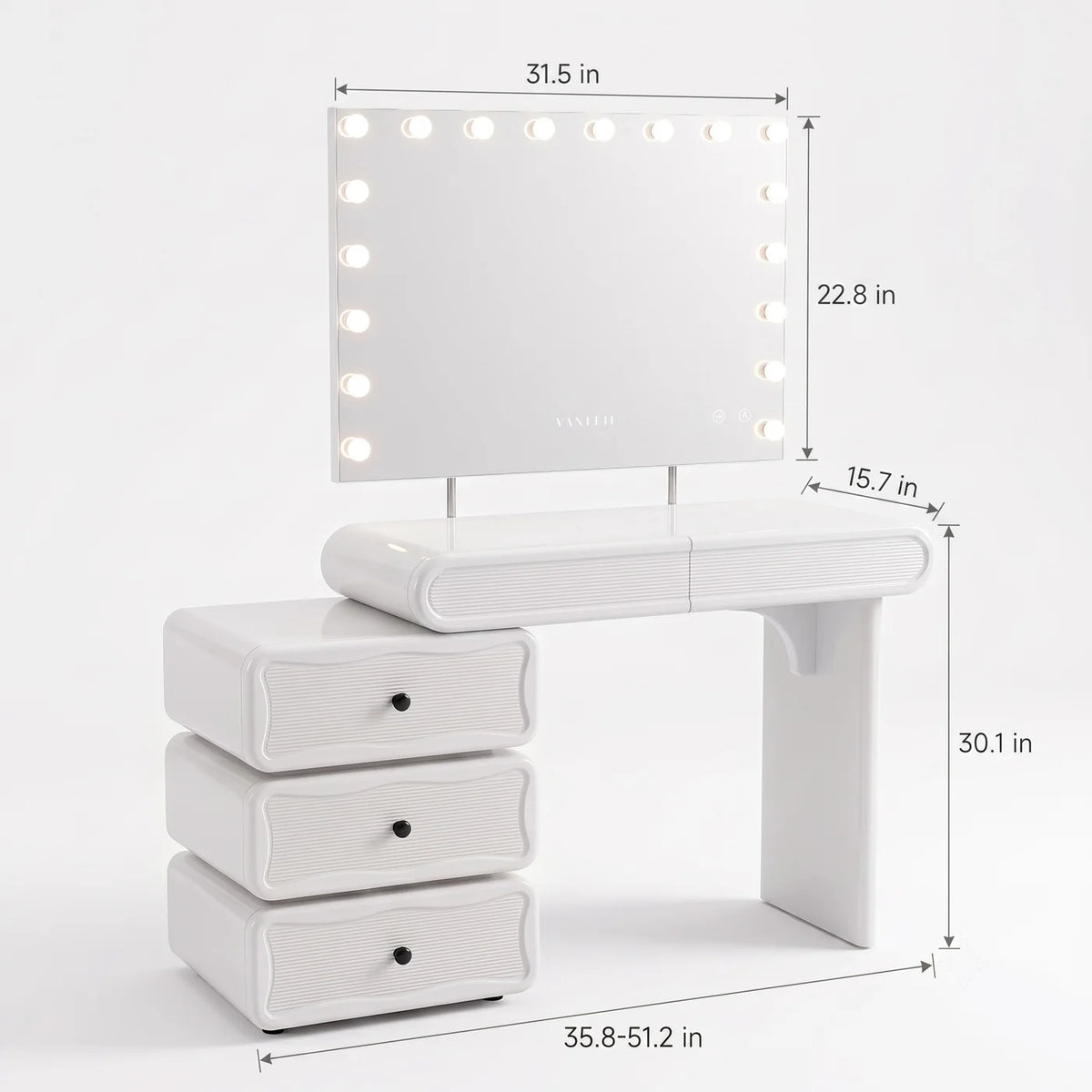 VanitiSet Vega | Extendable Vanity Table in High Gloss & 18 Bulb Bluetooth Mirror