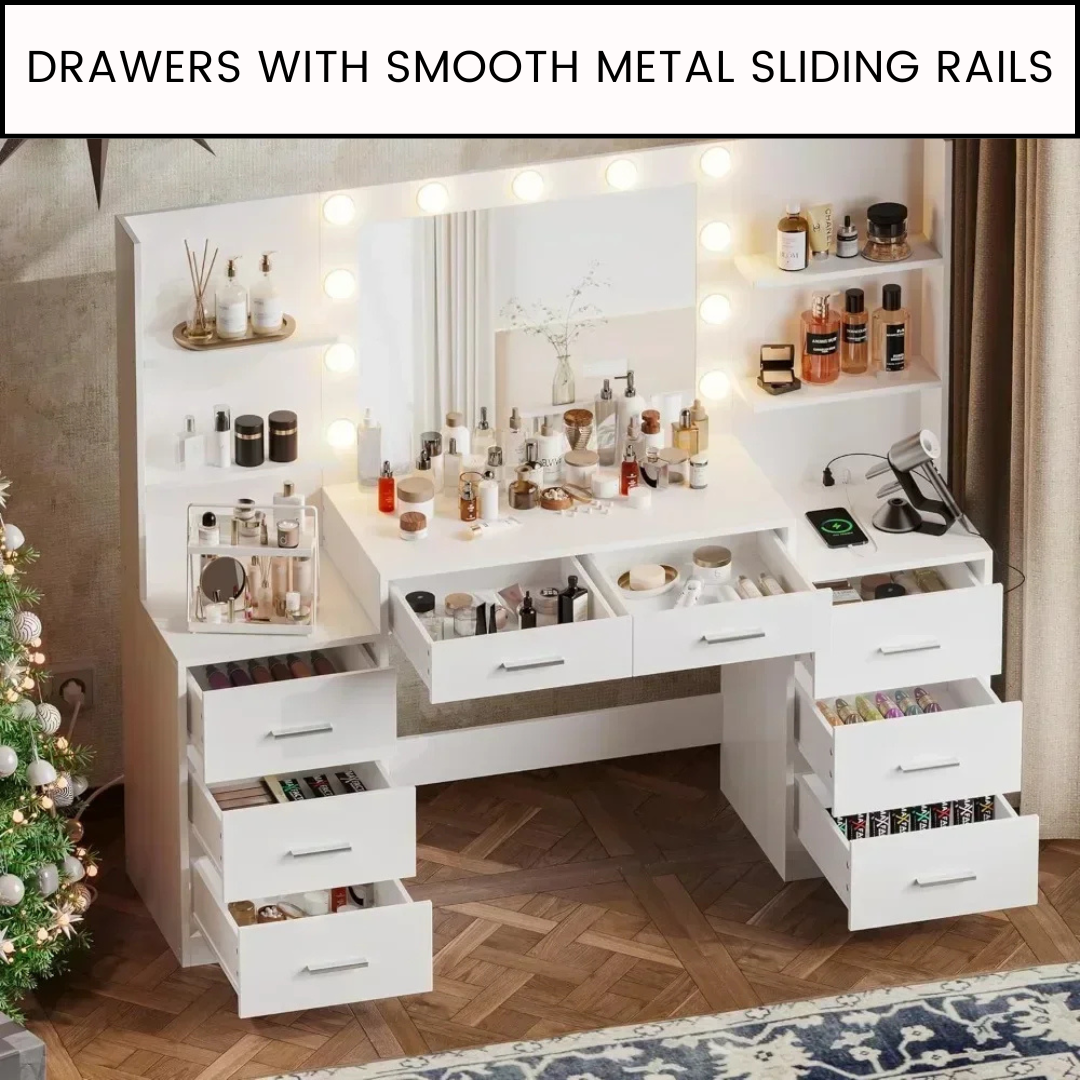 Vanity Desk with LED Mirror, Charging Station, and Storage Cabinet - LP Replenish