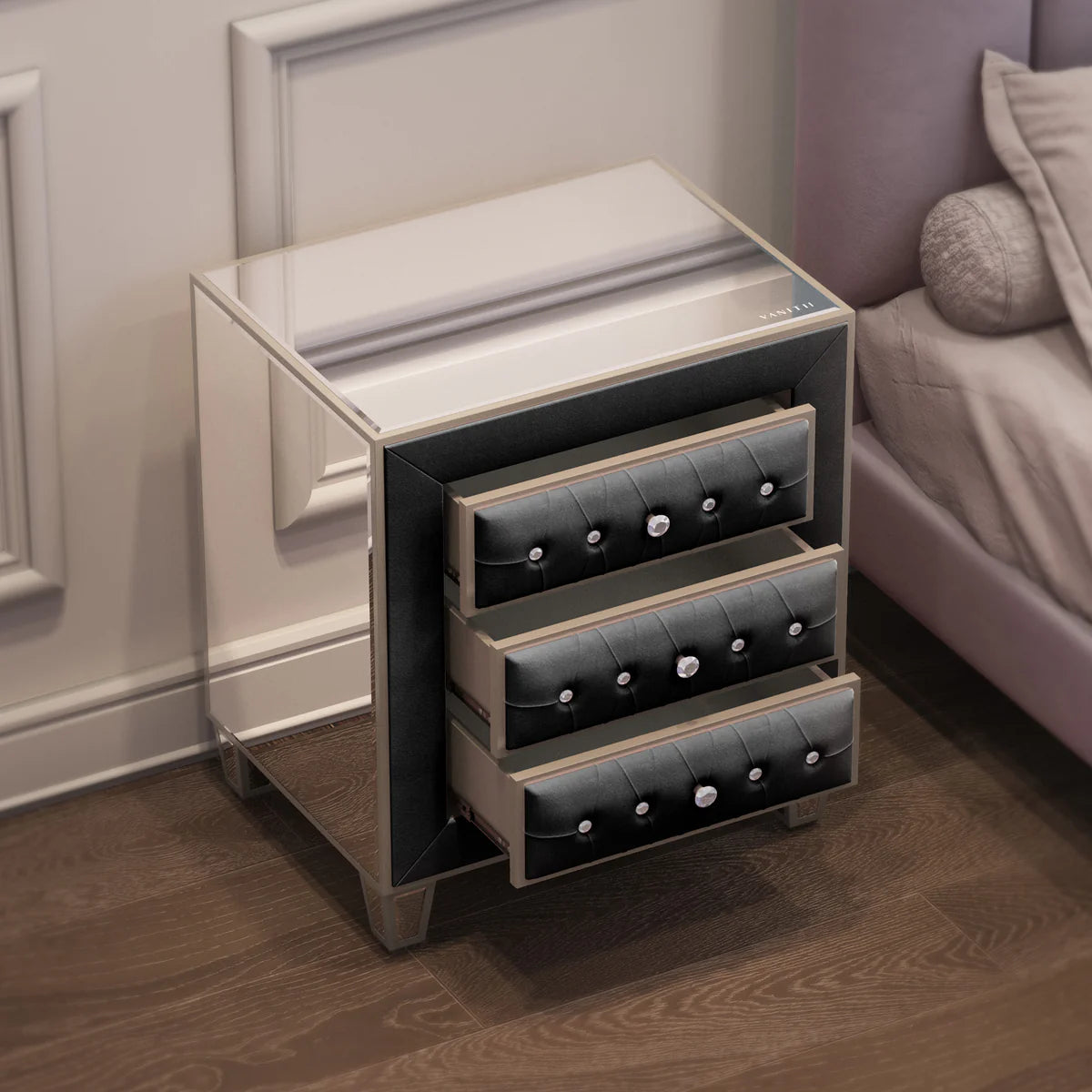 Velvet Bedside Table with 3 Drawers and Crystal Handles - LP Replenish