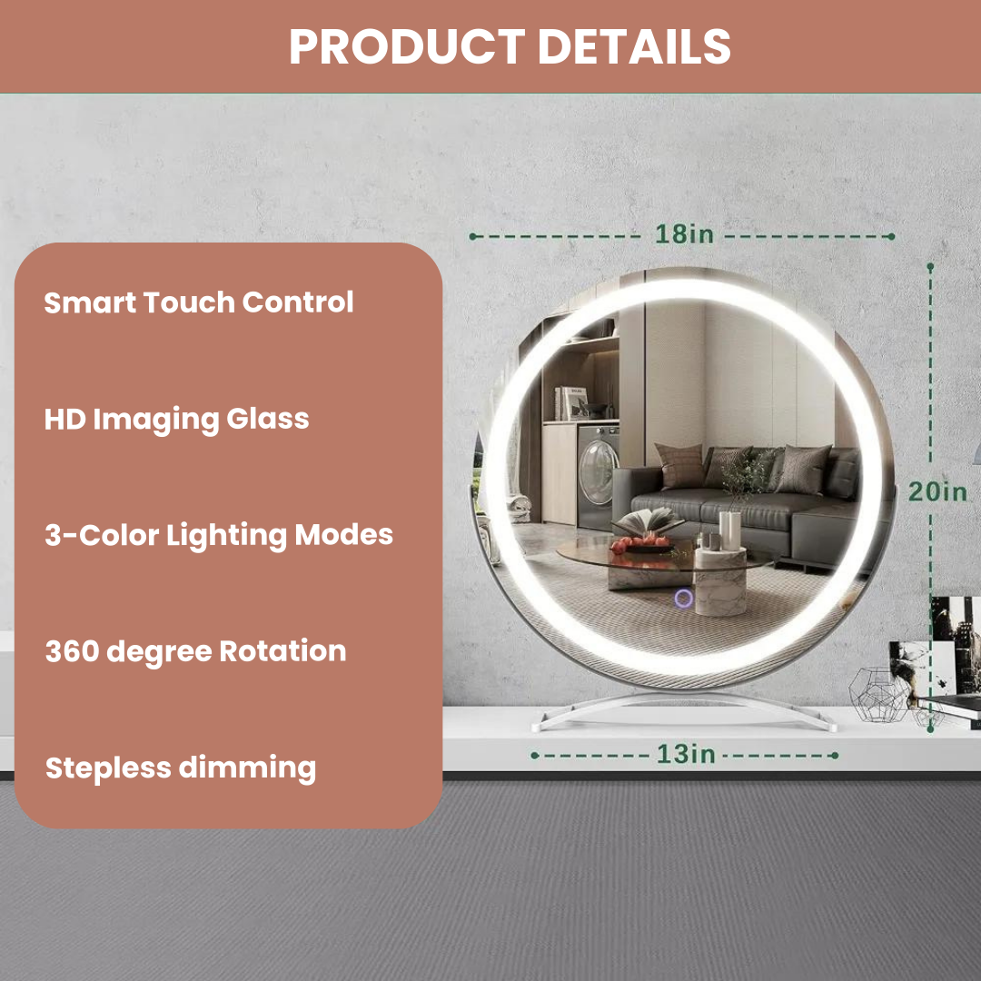 18 Inch Circular LED Vanity Lighted Mirror with Touch Control and 3-Color Dimmable Lighting - LP Replenish