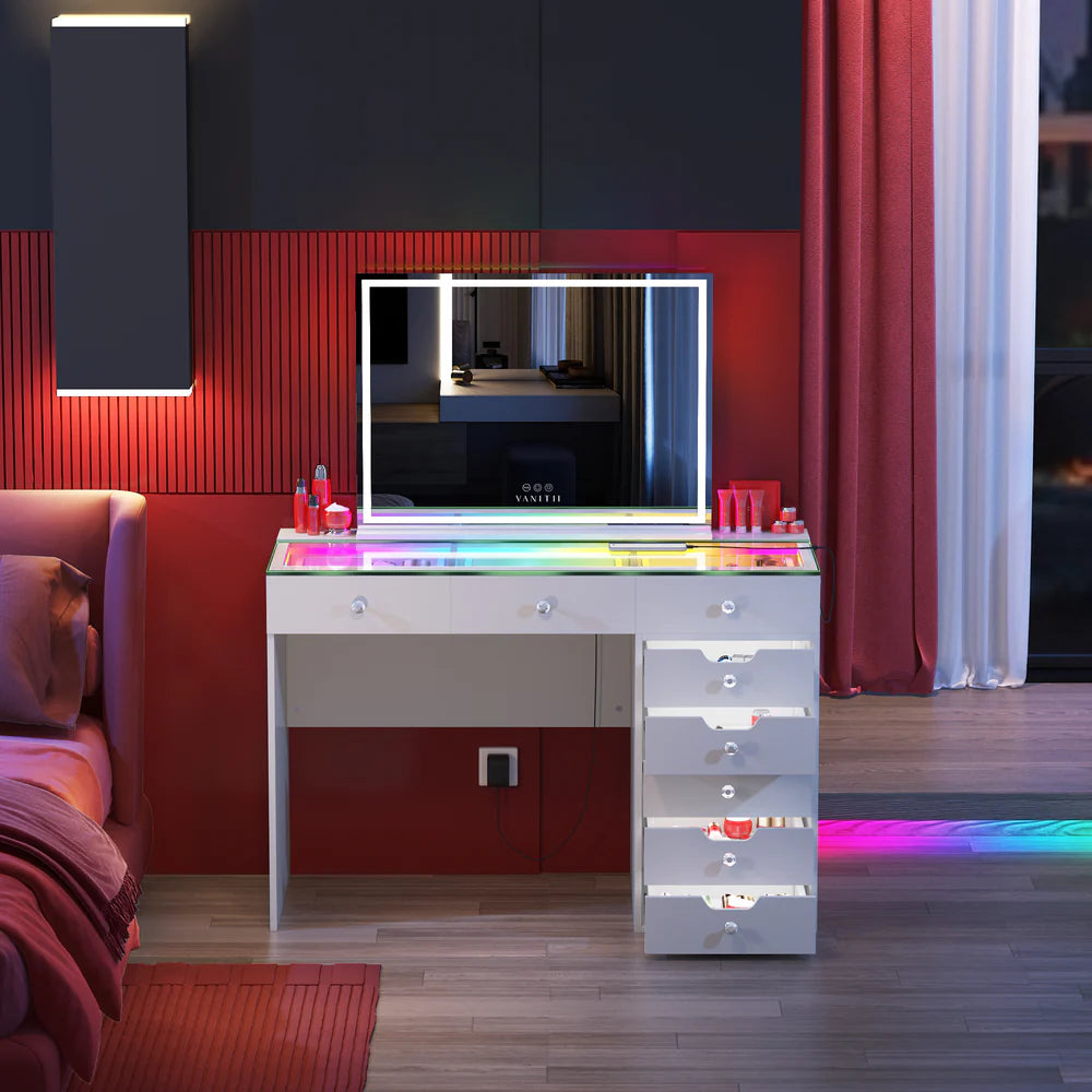 VanitiBar Veronica 3.0 – Glass Top Makeup Vanity Desk with Drawers