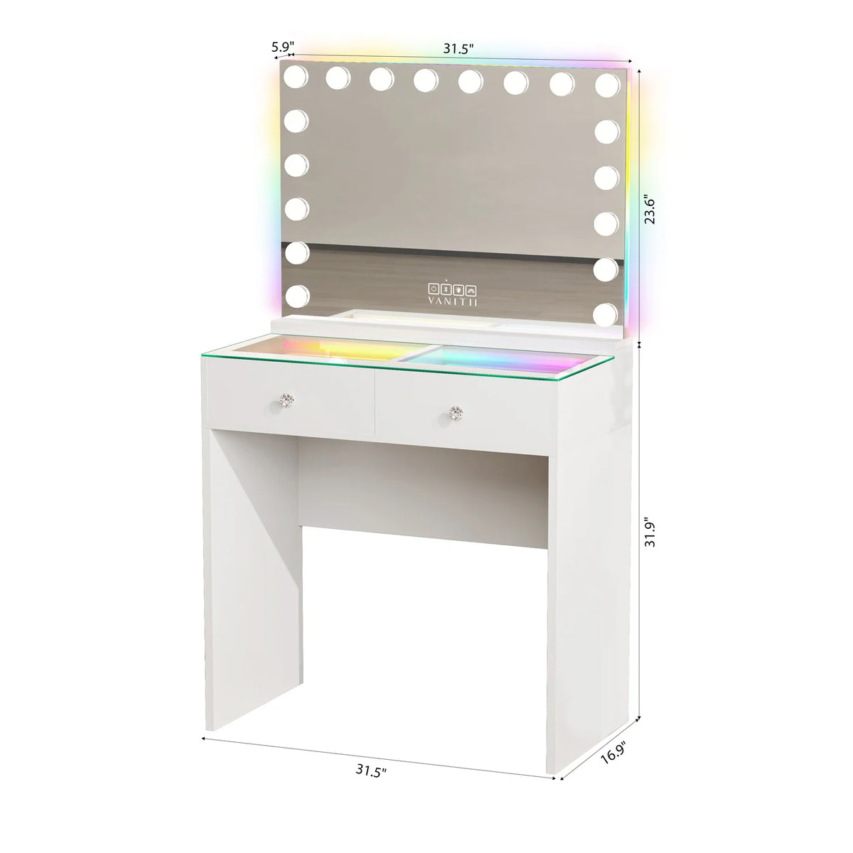 VanitiSet Mira | 2 Drawer Desk & 18 Bulb RGB Bluetooth Mirror Set