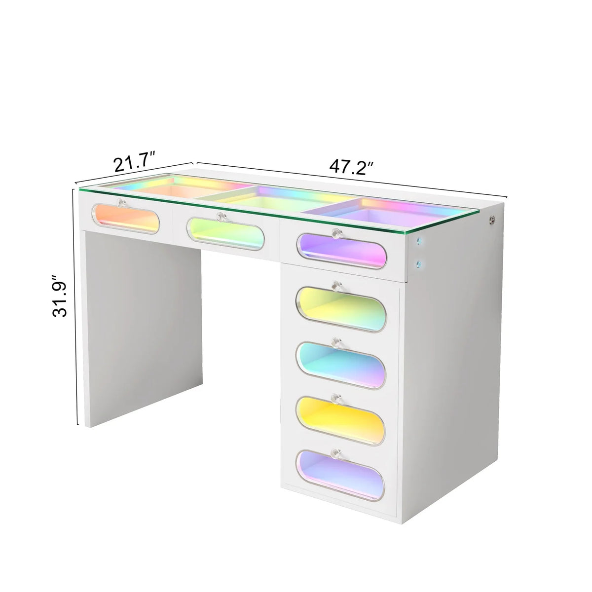 VanitiBar Halo Circle | 47 Inch Vanity with 7 Glass-Front Drawers, Crystal Handles & RGB Lights