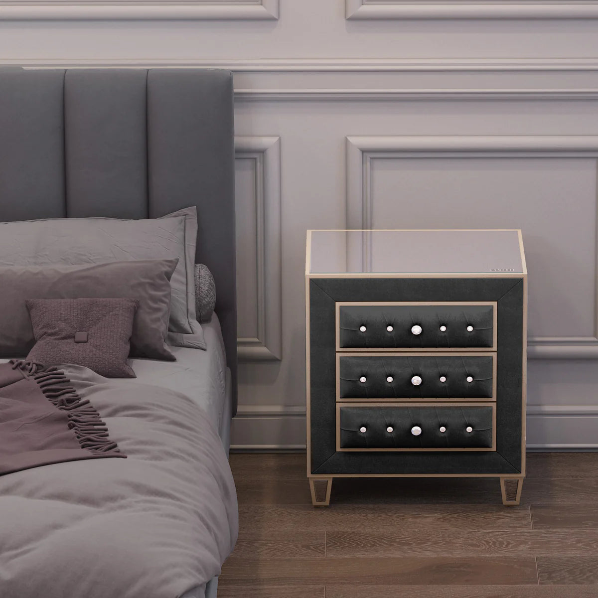 Velvet Bedside Table with 3 Drawers and Crystal Handles - LP Replenish