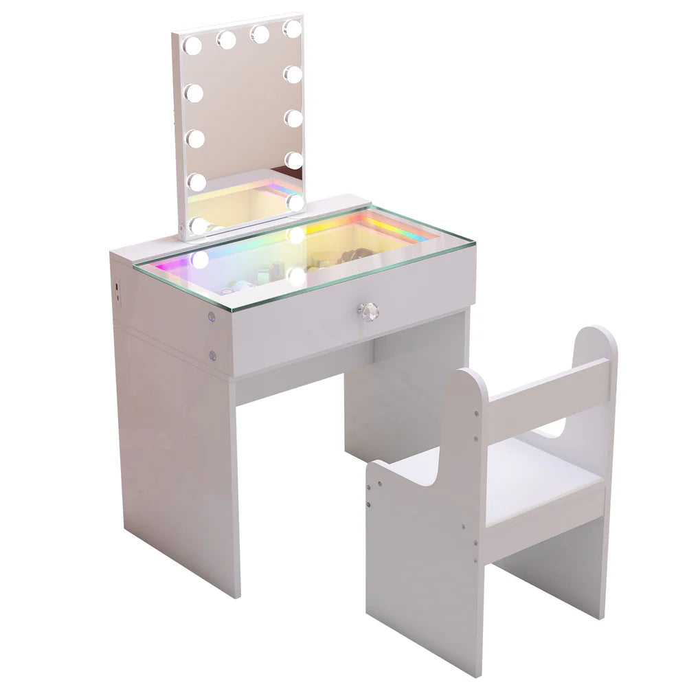 Compact Vanity Desk with RGB Light Strip, LED Mirror, Bluetooth, and Charging Ports - LP Replenish