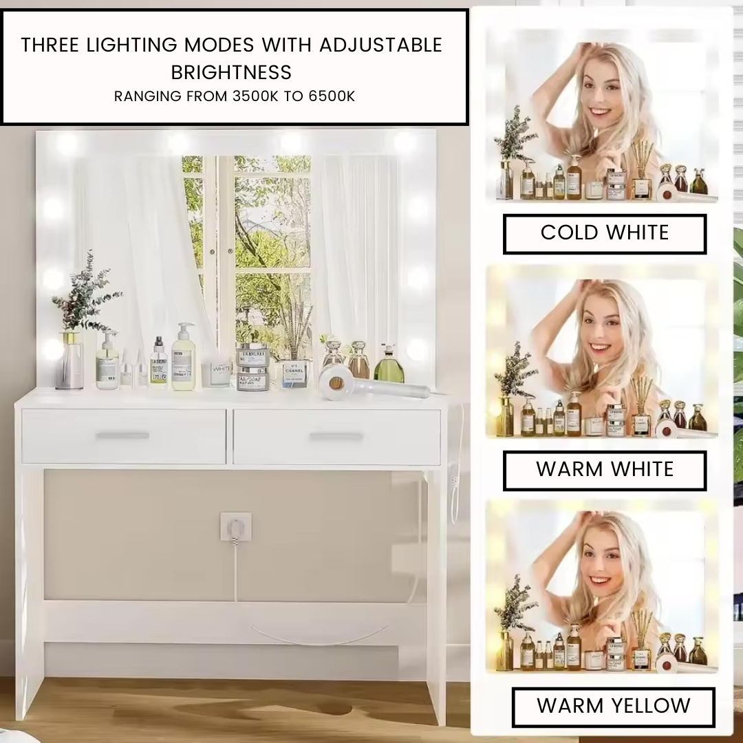 Mirrored Vanity Table with 12 LED Lights and Charging Station - LP Replenish