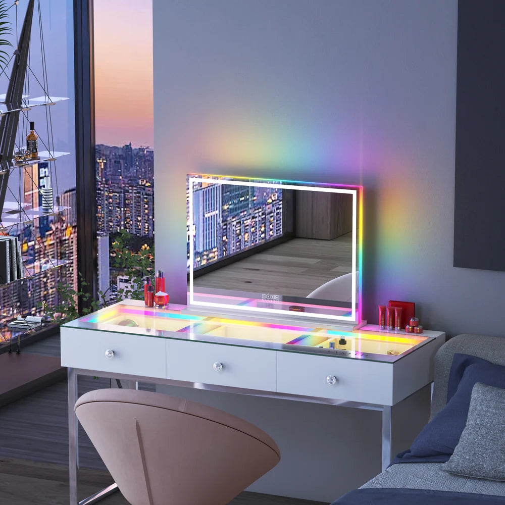 LED Glow Vanity Mirror with RGB Lights, Bluetooth Speaker, and Smart Touch Control - LP Replenish