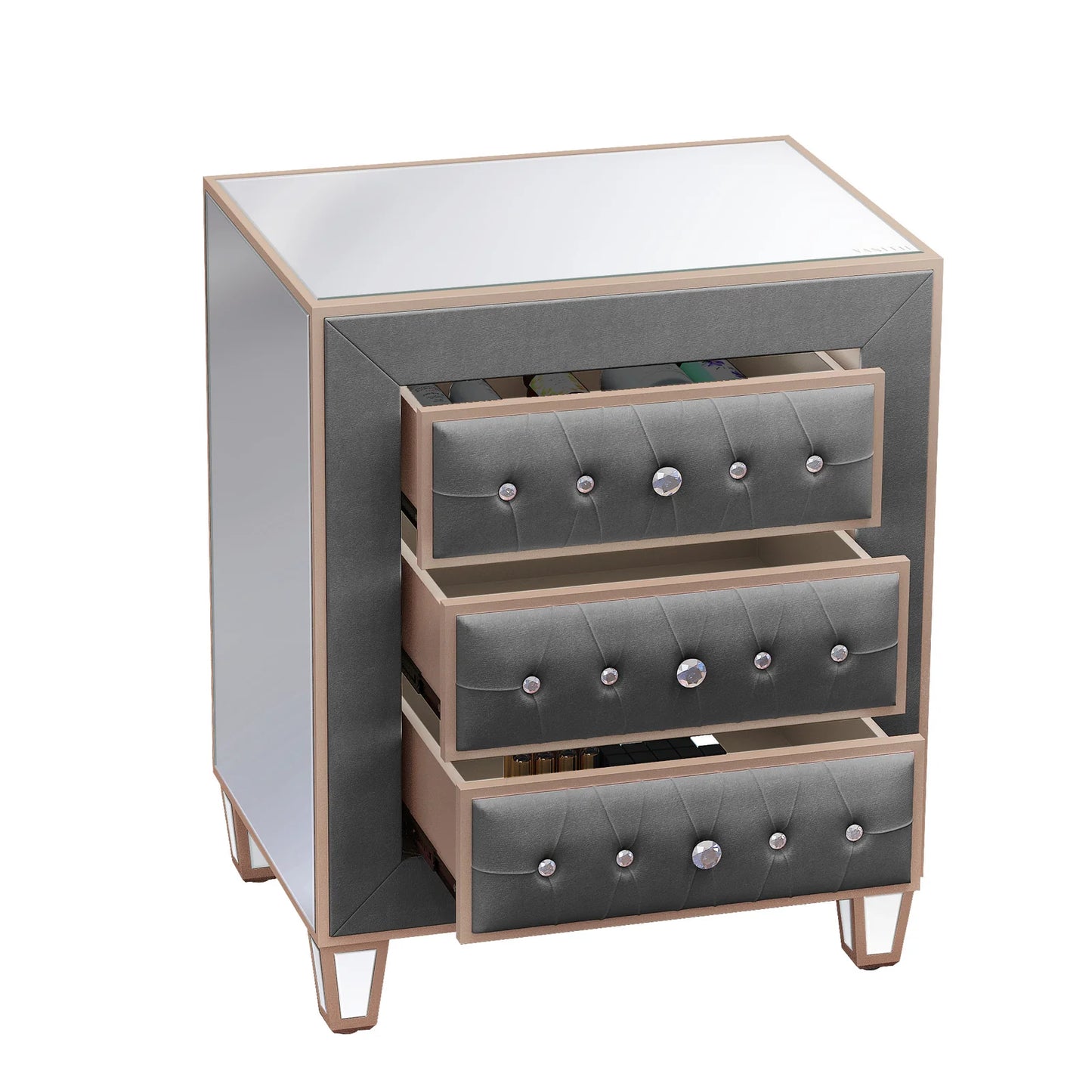 Velvet Bedside Table with 3 Drawers and Crystal Handles - LP Replenish