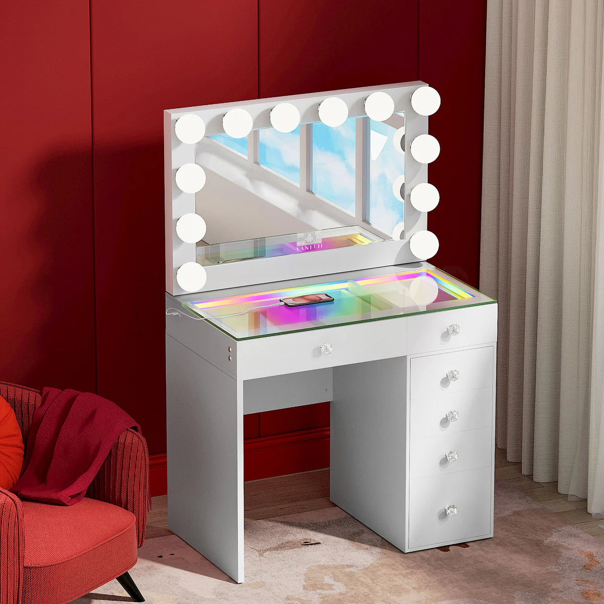 VanitiSet Veronica Vault – Luxury Makeup with LED Mirror & 6 Drawers