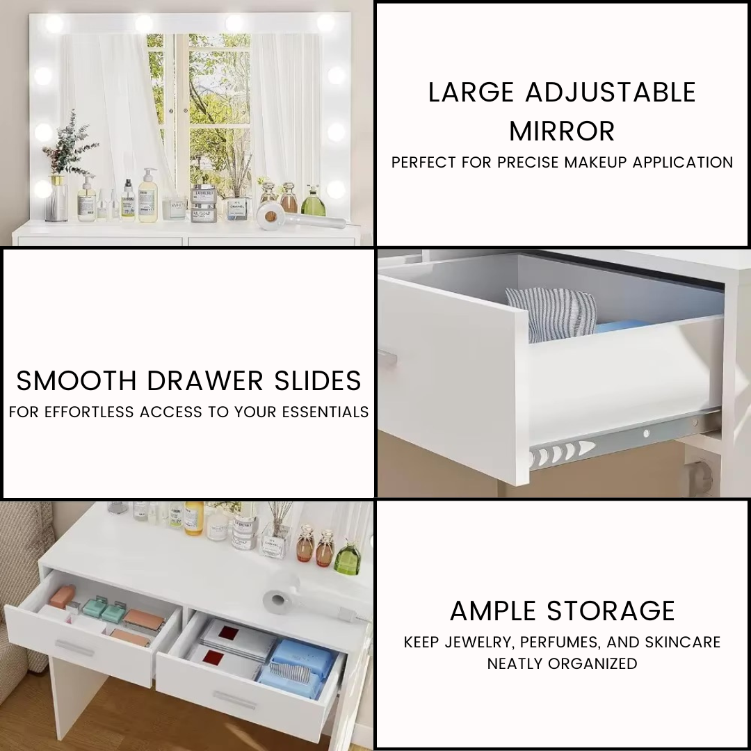 Mirrored Vanity Table with 12 LED Lights and Charging Station - LP Replenish