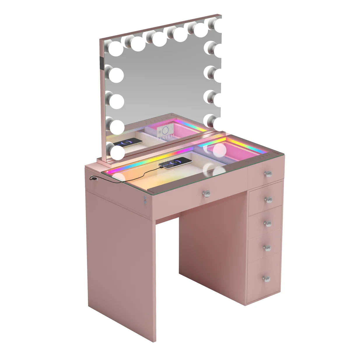 Pink vanity table with mirror and lights