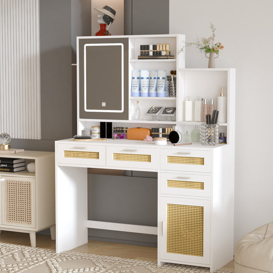 White Vanity Desk with LED Mirror, Storage, and Charging Station - LP Replenish